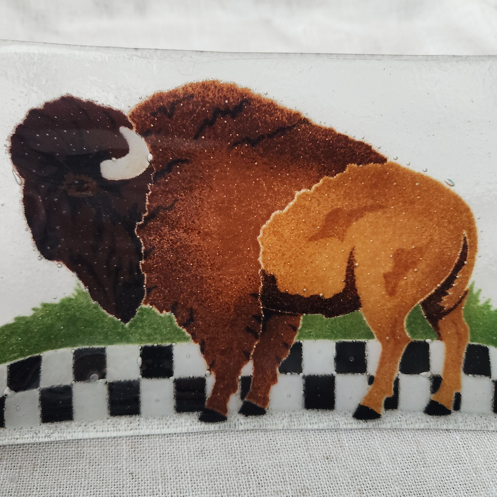 Signed Peggy Karr Fused Art Glass Buffalo Bison Rectangular Plate Tray Western