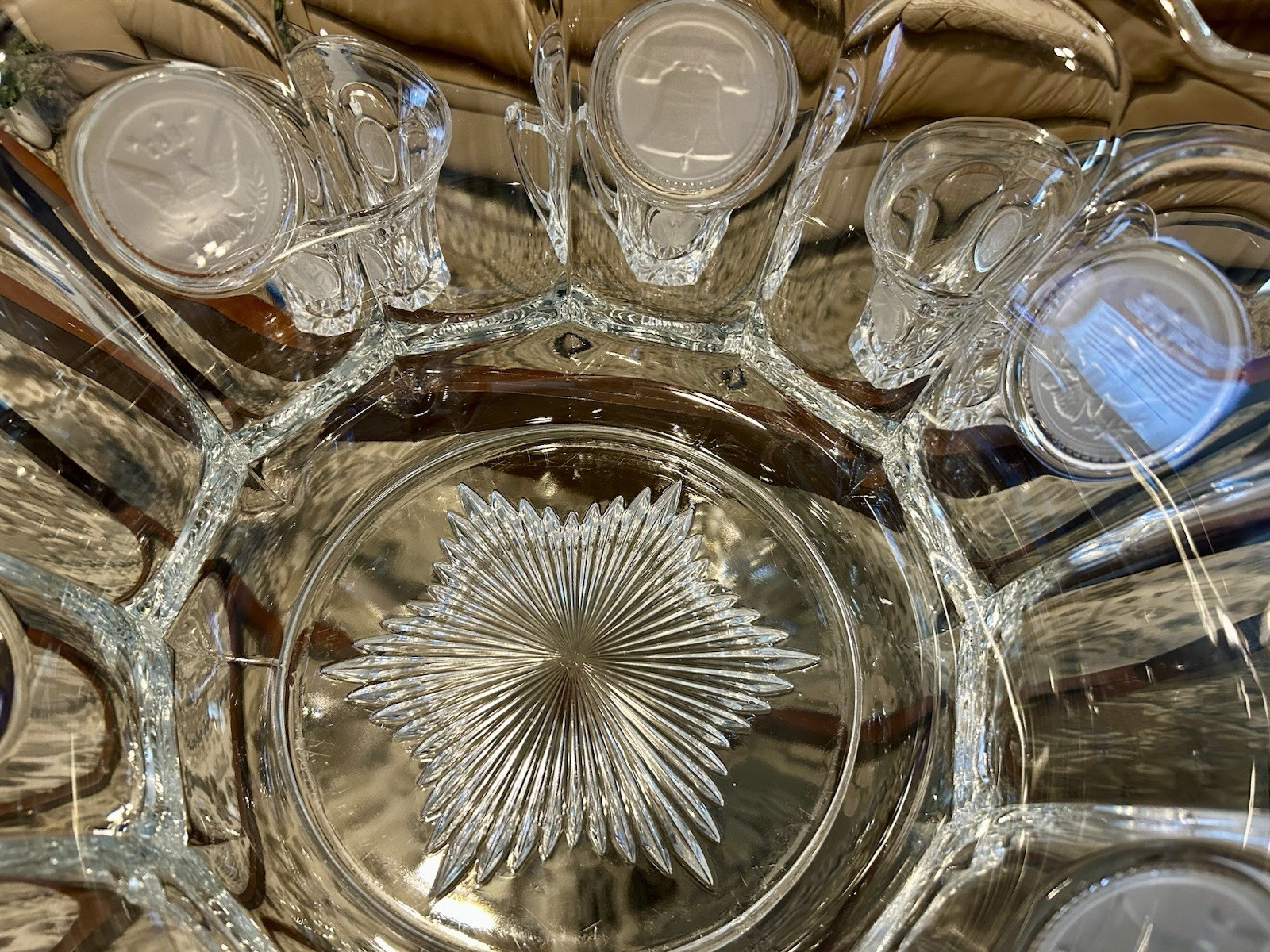 Vintage Fostoria Coin Clear Glass Punch Bowl Set – 14.5” Bowl With 3 Cups Mugs