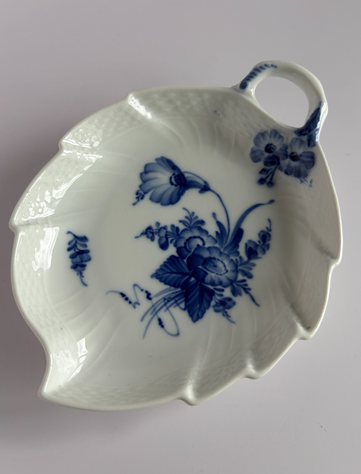 Vintage Royal Copenhagen Blue Flower Curved Leaf Shaped Handled Pickle Dish 1597