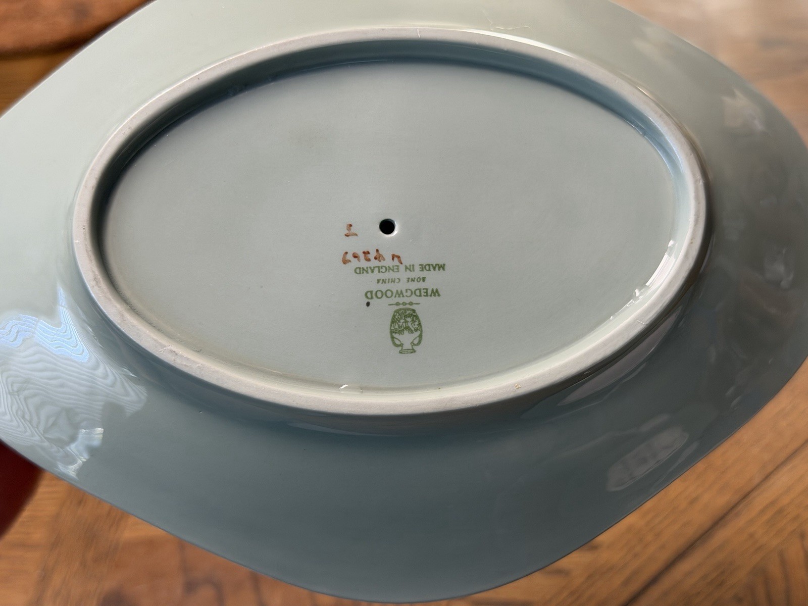 Vintage Wedgwood Bone China W4269 Green Gravy Boat with Attached Stand & Platter