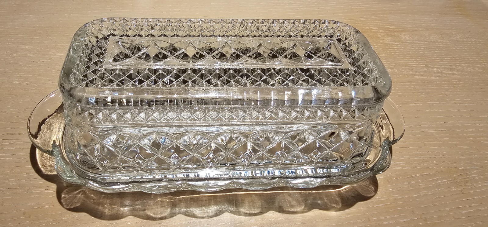 Anchor Hocking Pressed Glass Covered Butter Dish Cubic Wexford Design 8″