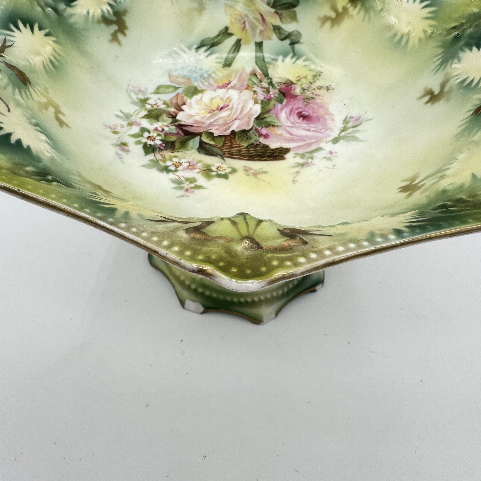 RS Prussia Pedestal Bowl Roses Green Pink Basket Gold Antique Porcelain- READ