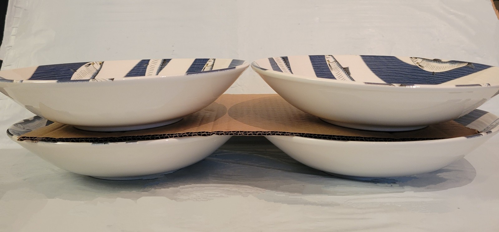 4ct Ceramiche Italia 8″ Pasta Bowls Italy Blue Wave Fish Coastal Beach Nautical