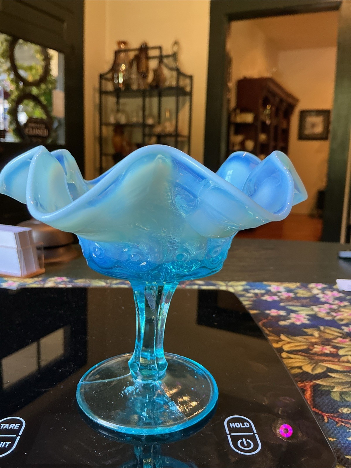 Scarce 5.5” Antique Dugan Blue Opalescent Constellation Glass Compote