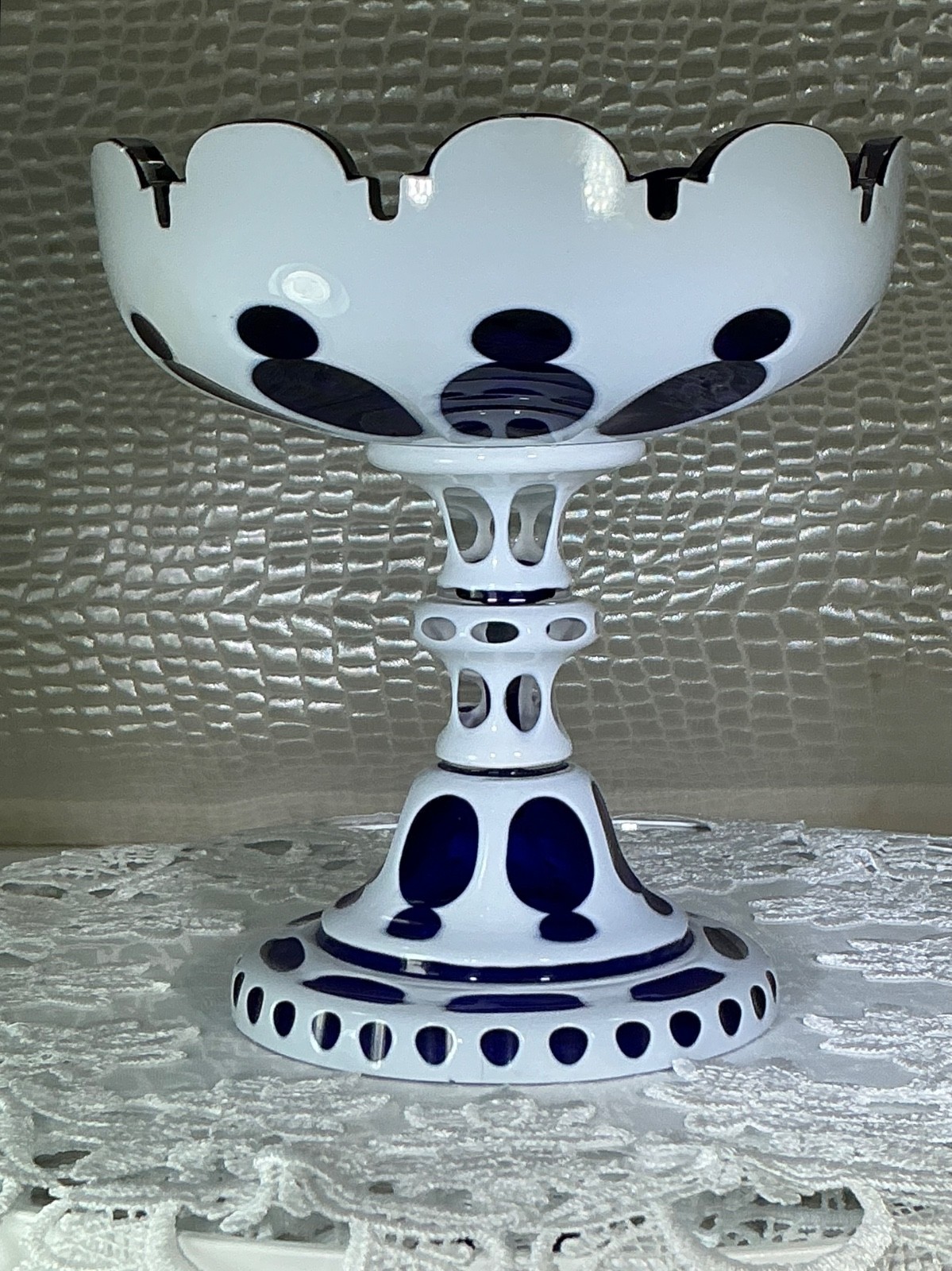 Biedermeier Bohemia Cobalt Blue White Overlay Moser Cut to Clear Glass Compote