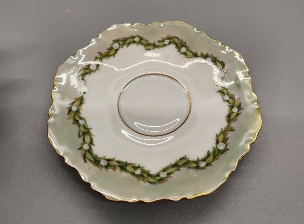 Antique R.S. Prussia (Red Mark) Small Teacup & Saucer Green Floral Garland C1900