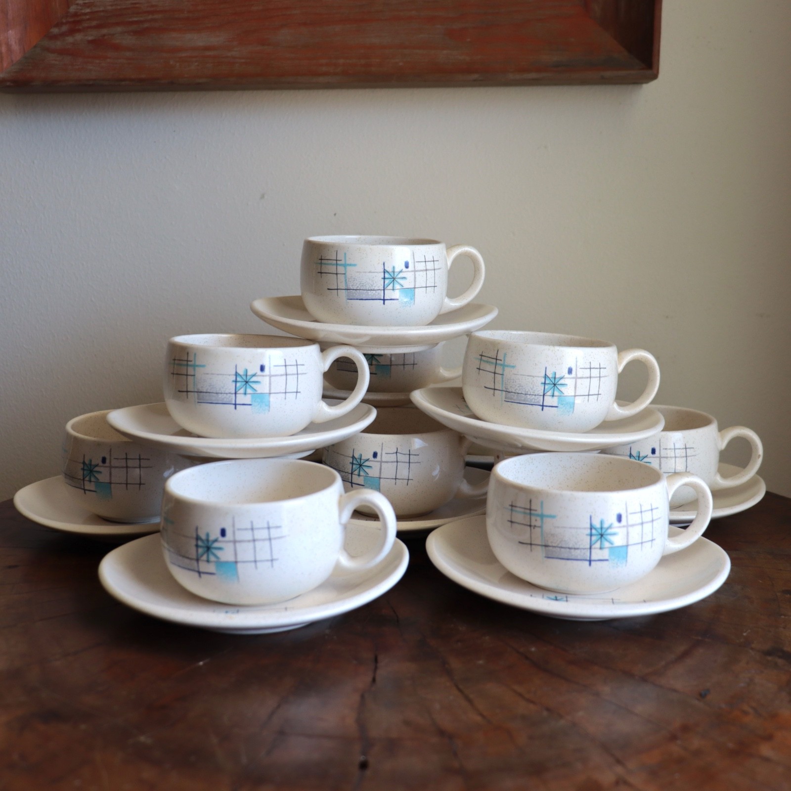 Franciscan Oasis Cup & Saucer 11 Sets Mid-Century Atomic 1950s Coffee Teacup Vtg