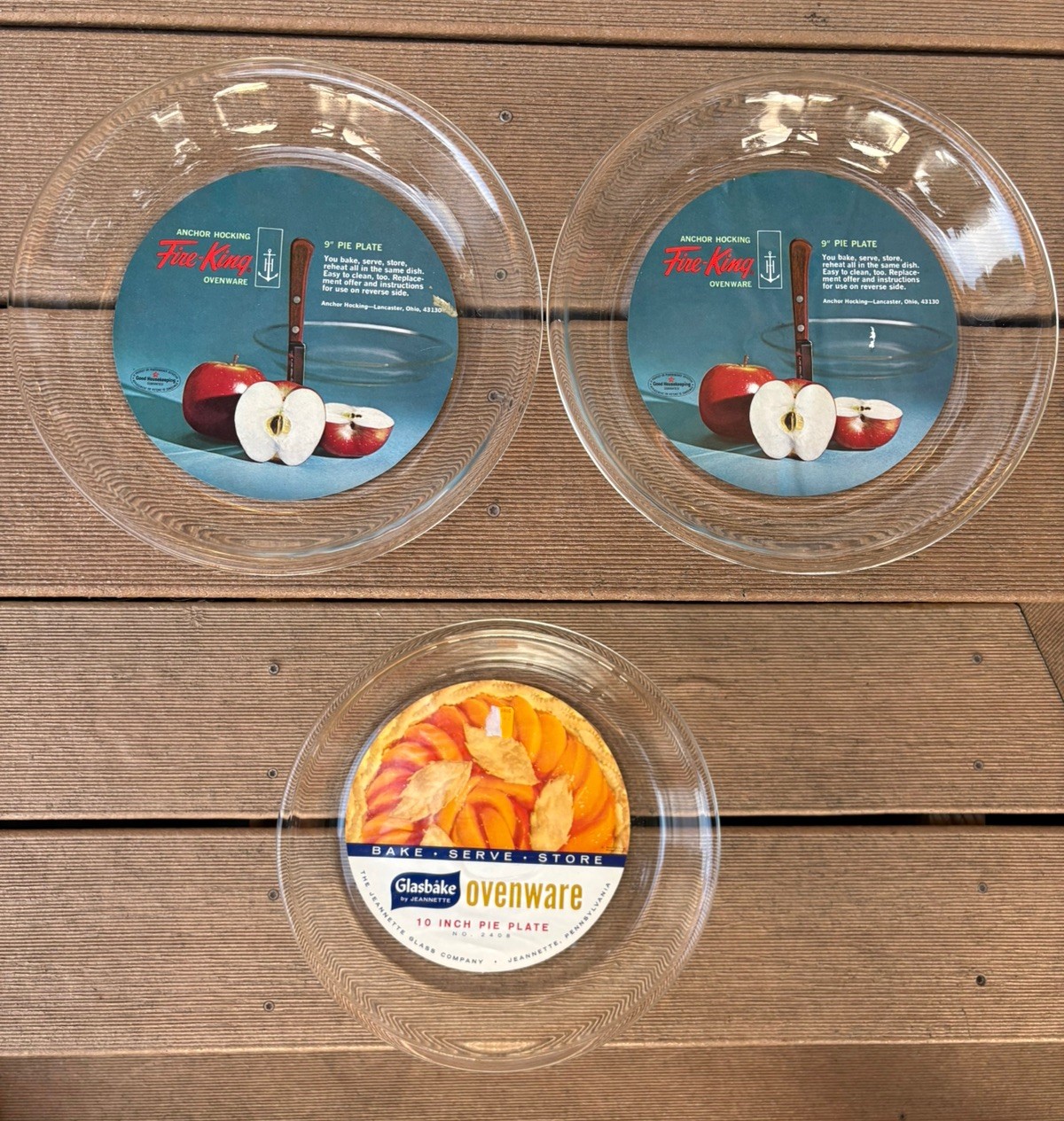 2 ANCHOR HOCKING FIRE KING 9” & 1 GLASBAKE 10” pie plates, Vintage new old stock