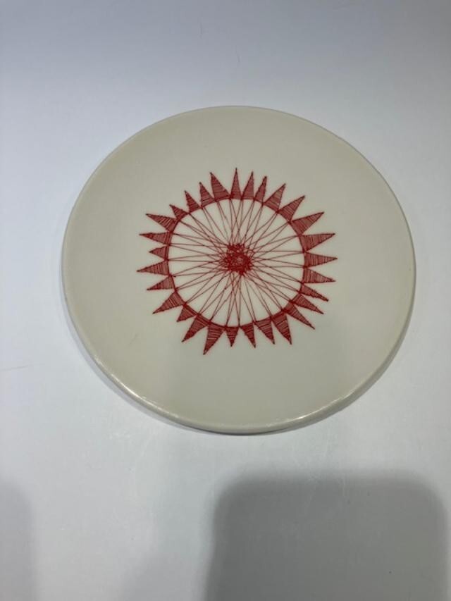 CRATE & BARREL Red Ornament Dessert Plate 7.25” Made in Great Britain