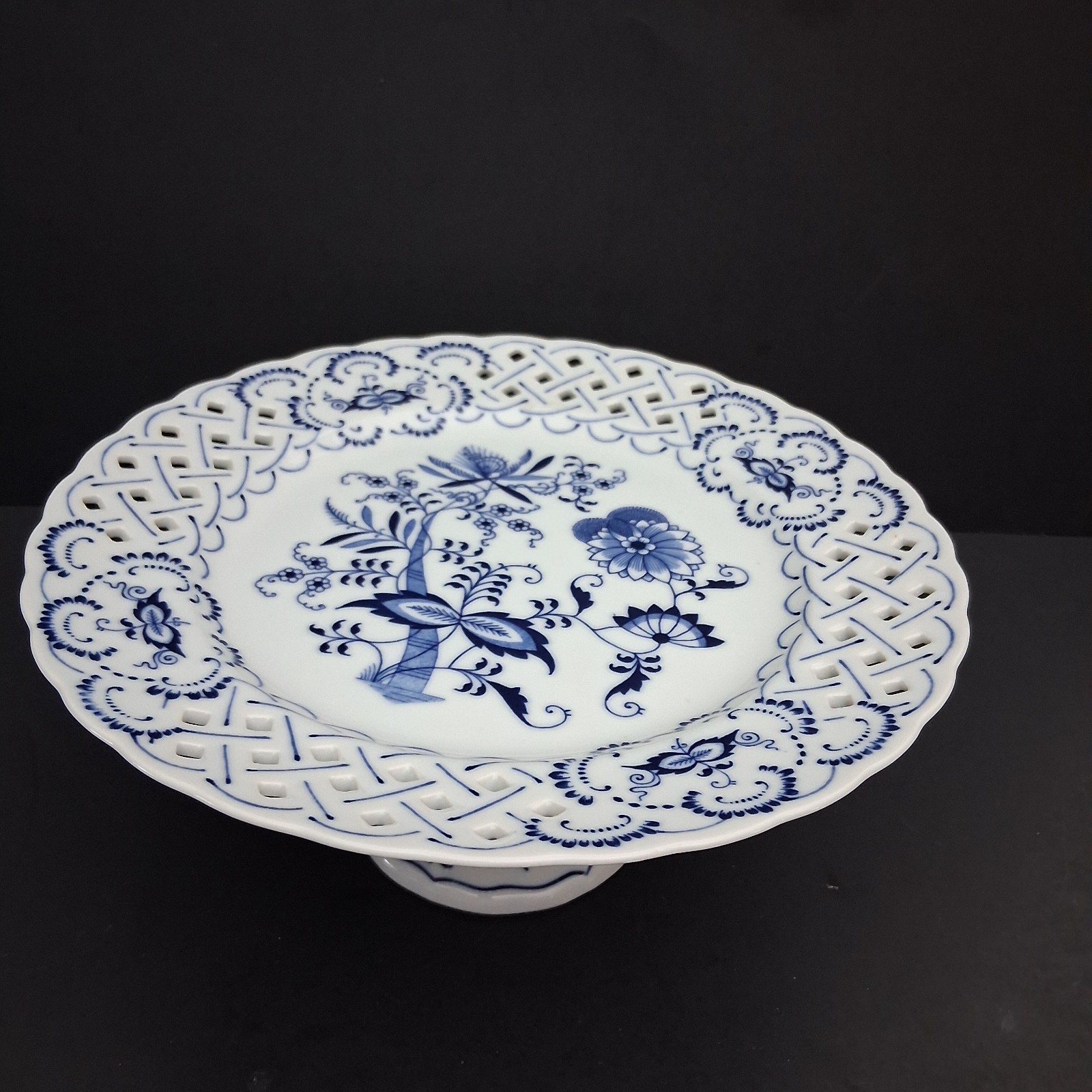 2PC Vintage Blue Danube Round Compote Meissen Pierced Pedestal Porcelain