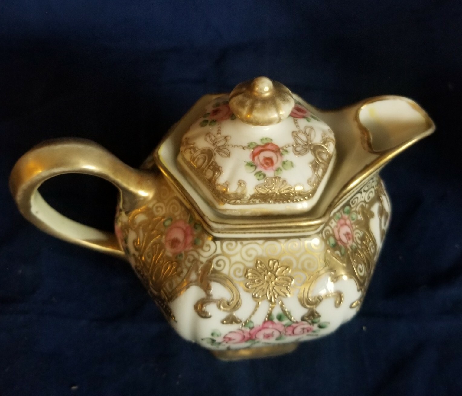 Nippon Hand Painted Pink Rose Gold Beaded & Scrollwork Pitcher C. 1891 – 1911