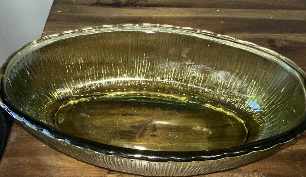 VTG FTD Avocado Green Glass Relish Dish Oval Serving Bowl Textured