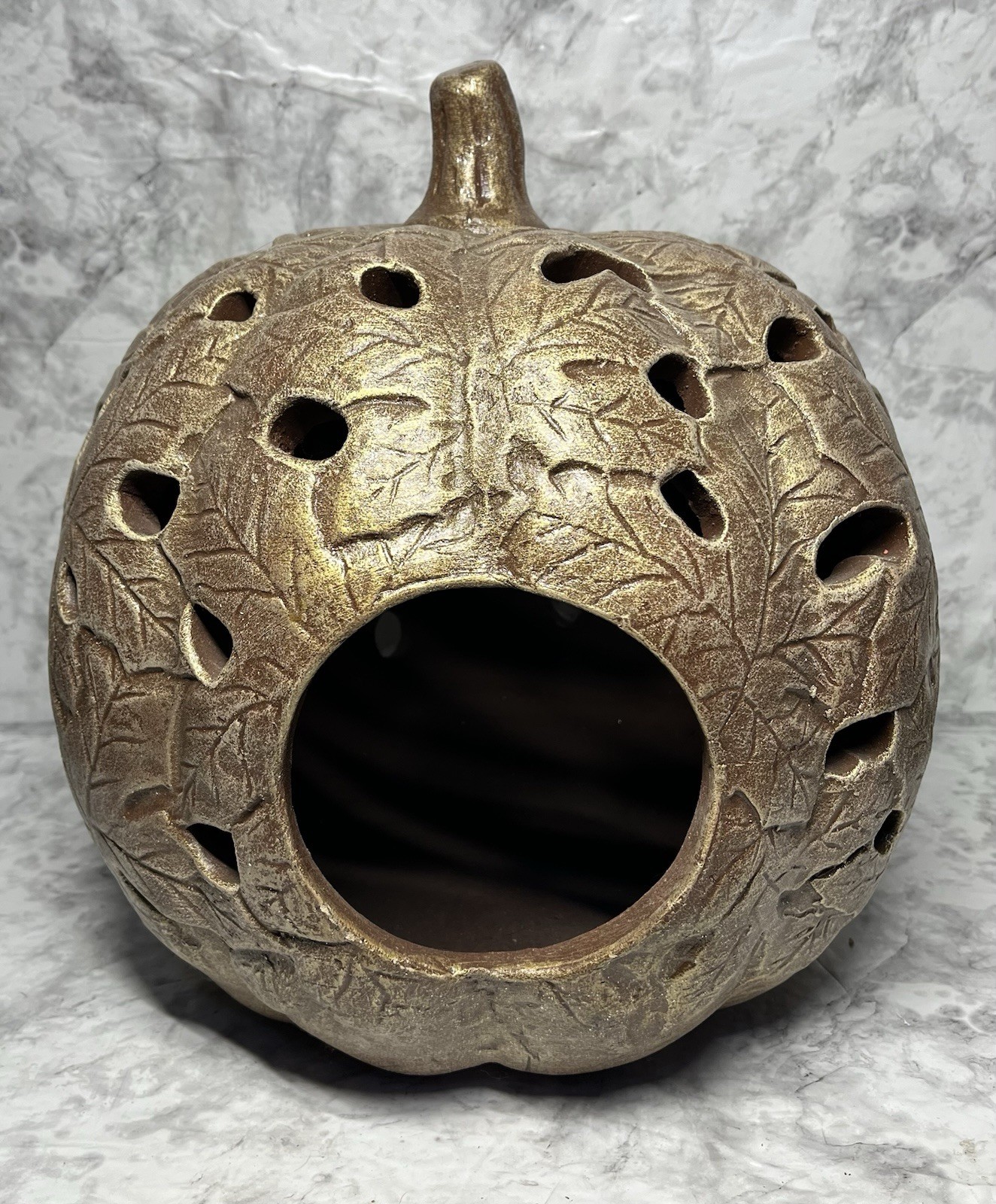 Holiday Home Pottery Large Pumpkin Autumn Outdoor Indoor Glitter Brown Luminary