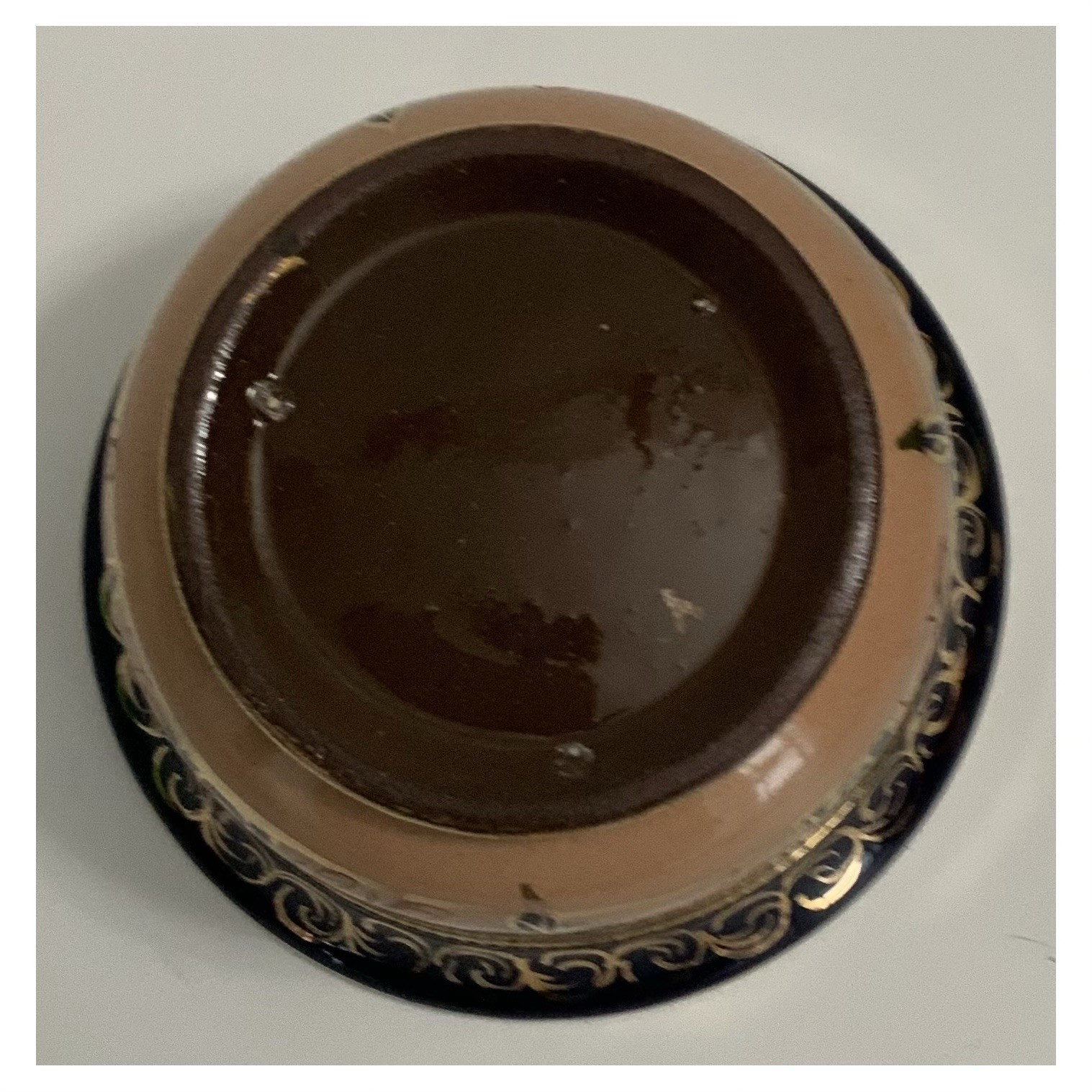 Vtg Copper Lusterware Bowl – 5” x 2¾” – Peach/Gold/Dark Blue/Rust Floral