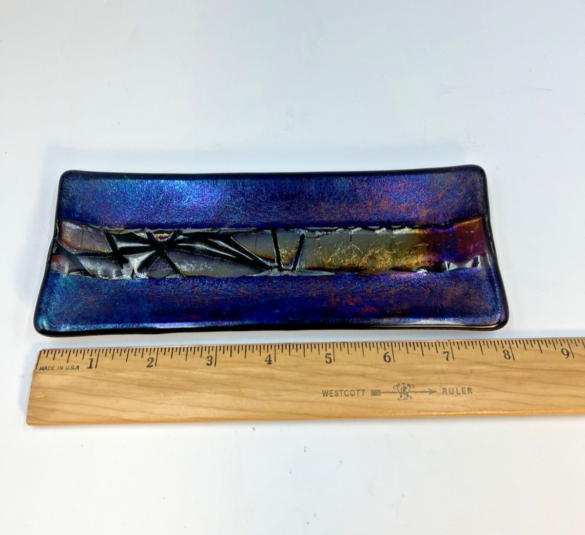 Kurt McVay Art Glass Fused Iridescent Tray / Trinket Dish Signed KM 7.9” x 3.25″