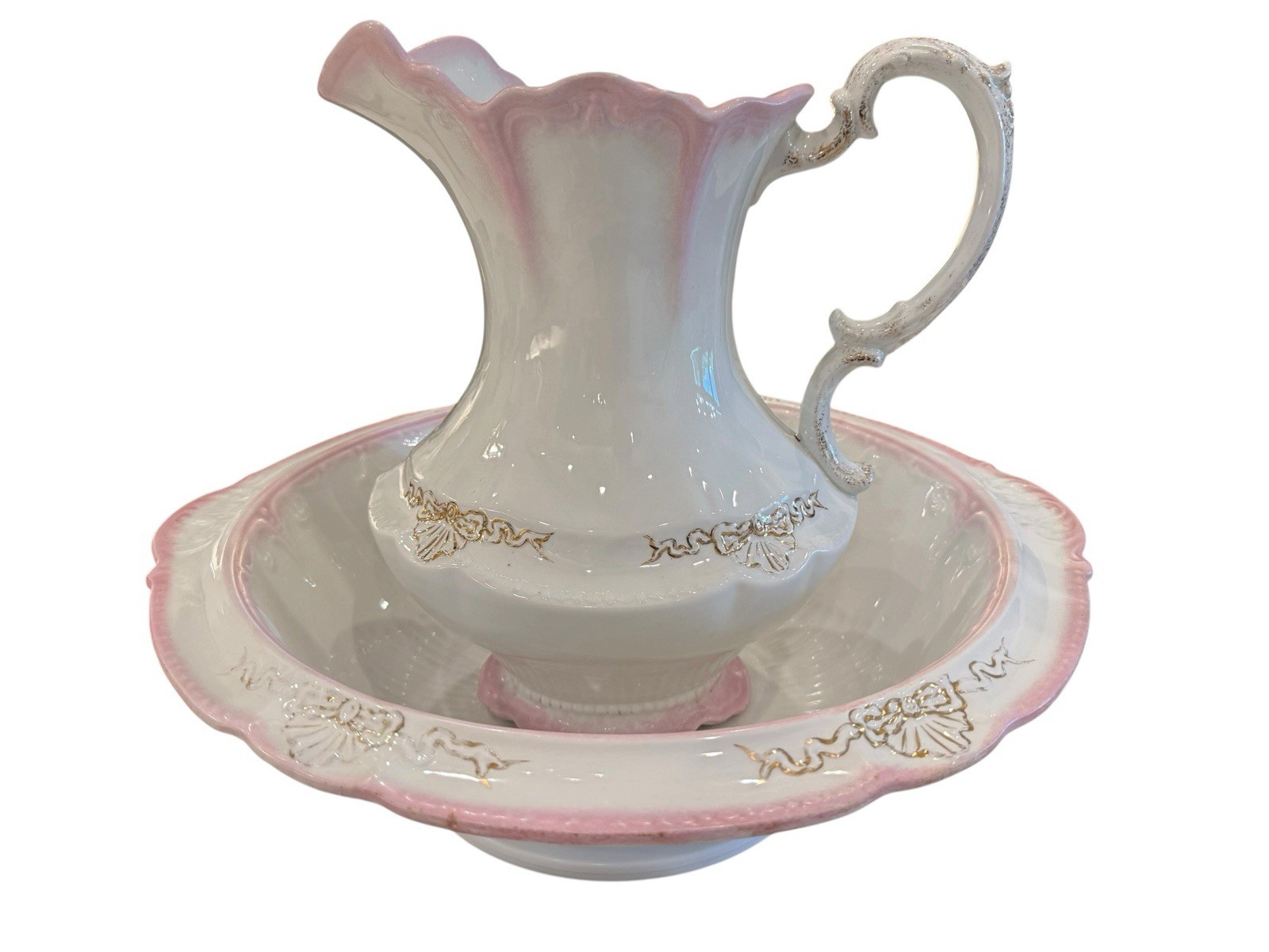 Antique WH Grindley XL 17.5″ Pitcher Basin Set Pink Ombre Gold Bows England 1890