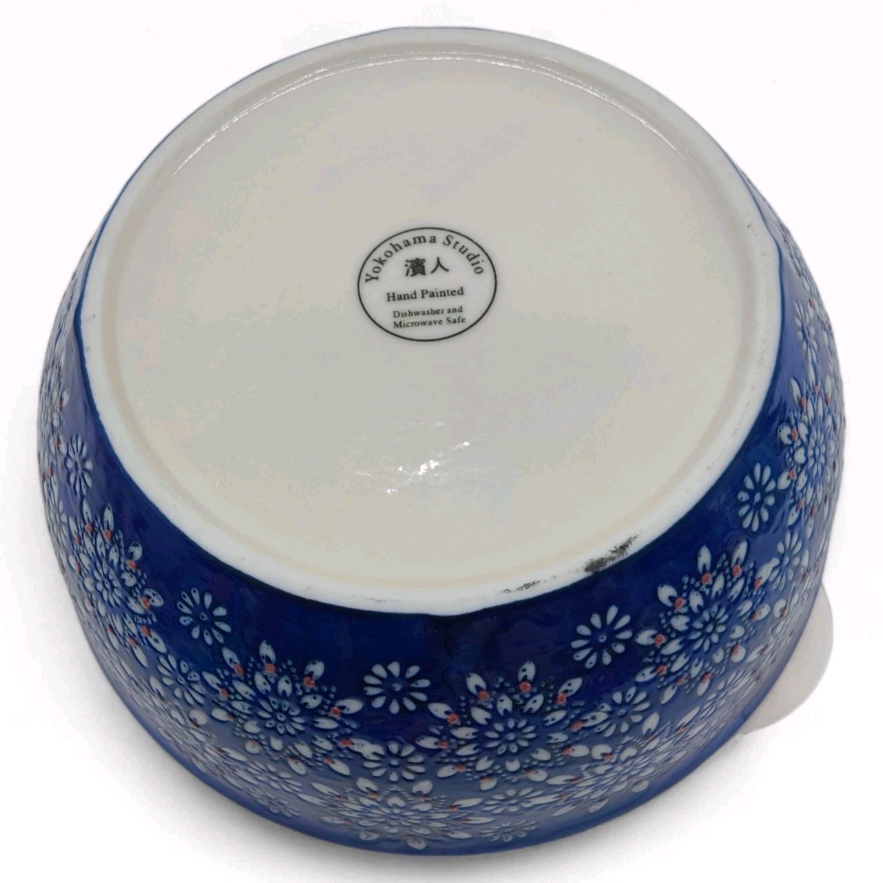VTG Yokohama Studio Blue White Red Floral Hand Painted Ceramic Bowl w Lid