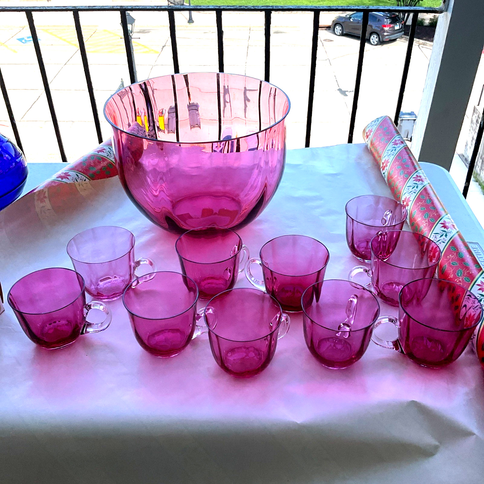 Antique Cranberry Pink Glass Punch Bowl Set w/ 10 Handled Cups Pilgrim Optic