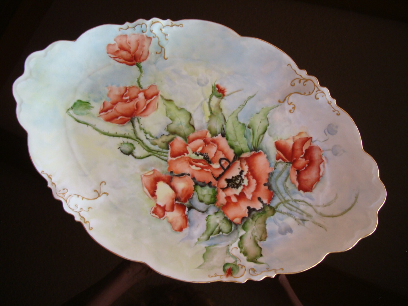ANTIQUE AUSTRIA HAND PAINTED LARGE 15″ SERVING PLATE, PLATTER, POPPIES