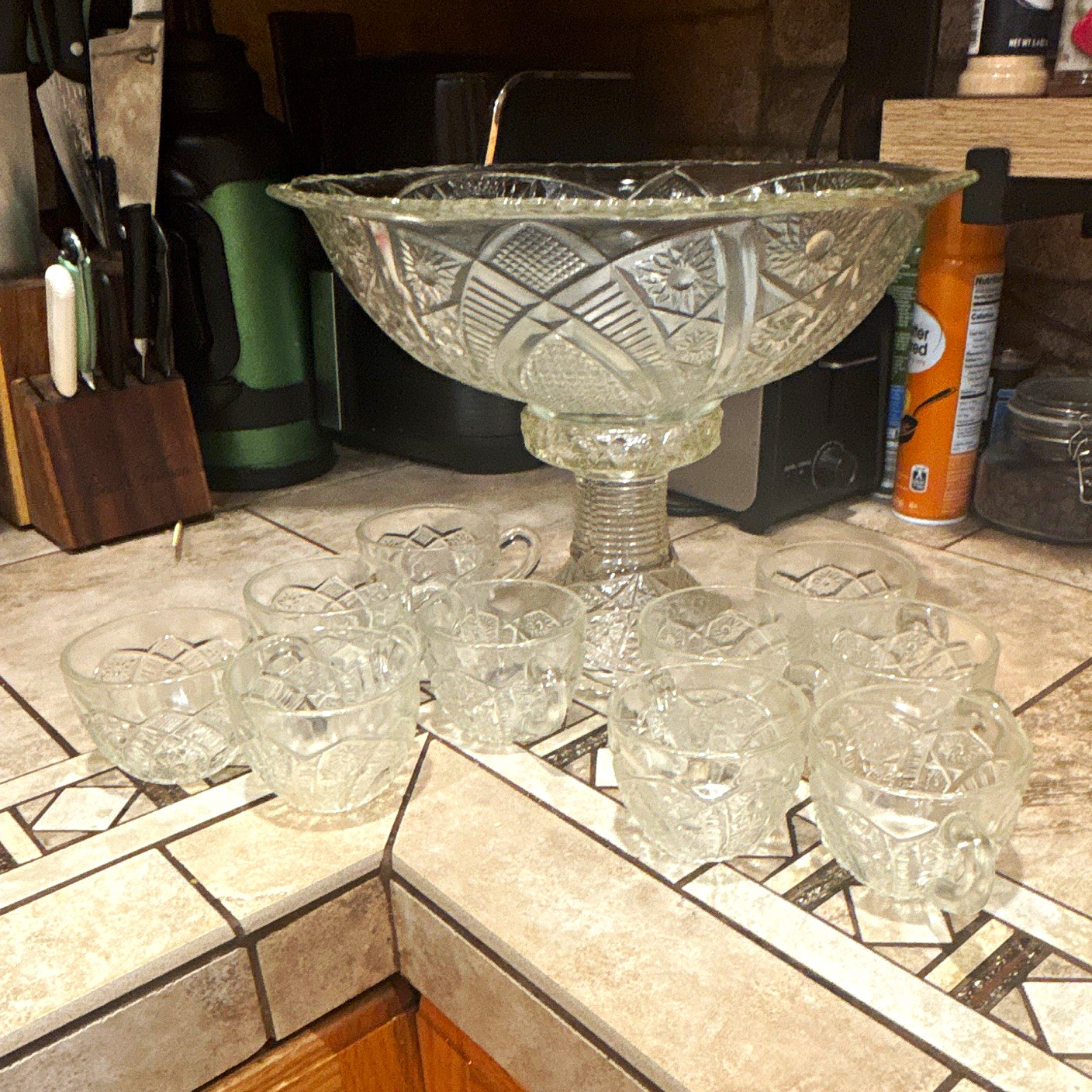 Clear Cut Glass Punch Bowl Set Round Pedestal Bowl w/ Matching Cups, Clear