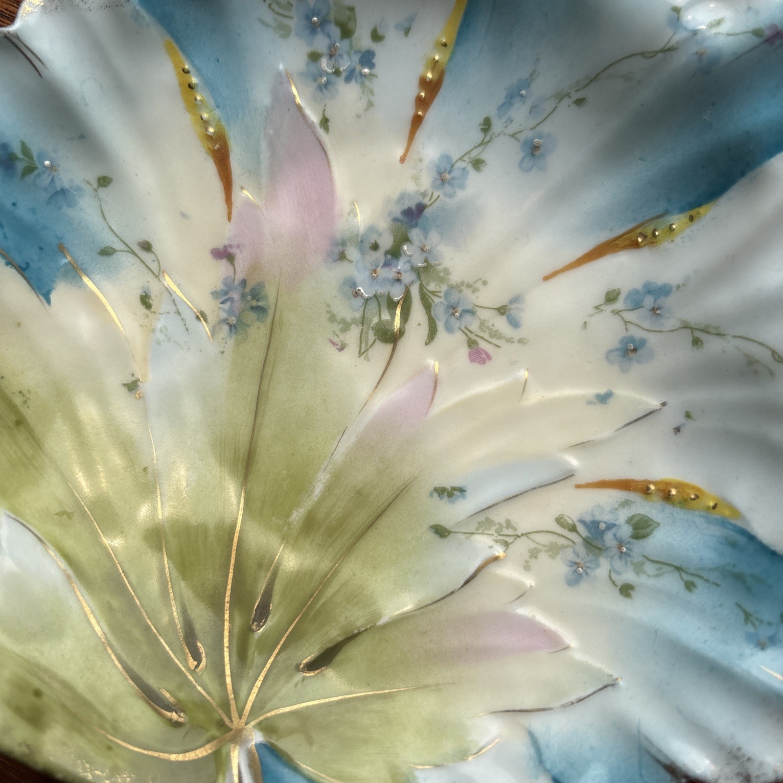 RS Prussia Leaf Serving Trinket Dish 6.5” Blue Green Hand Painted