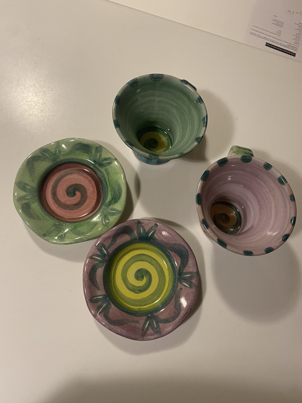 McKenzie Child Inspired Studio Pottery Cups & Saucers Handmade Signed Set Of 2