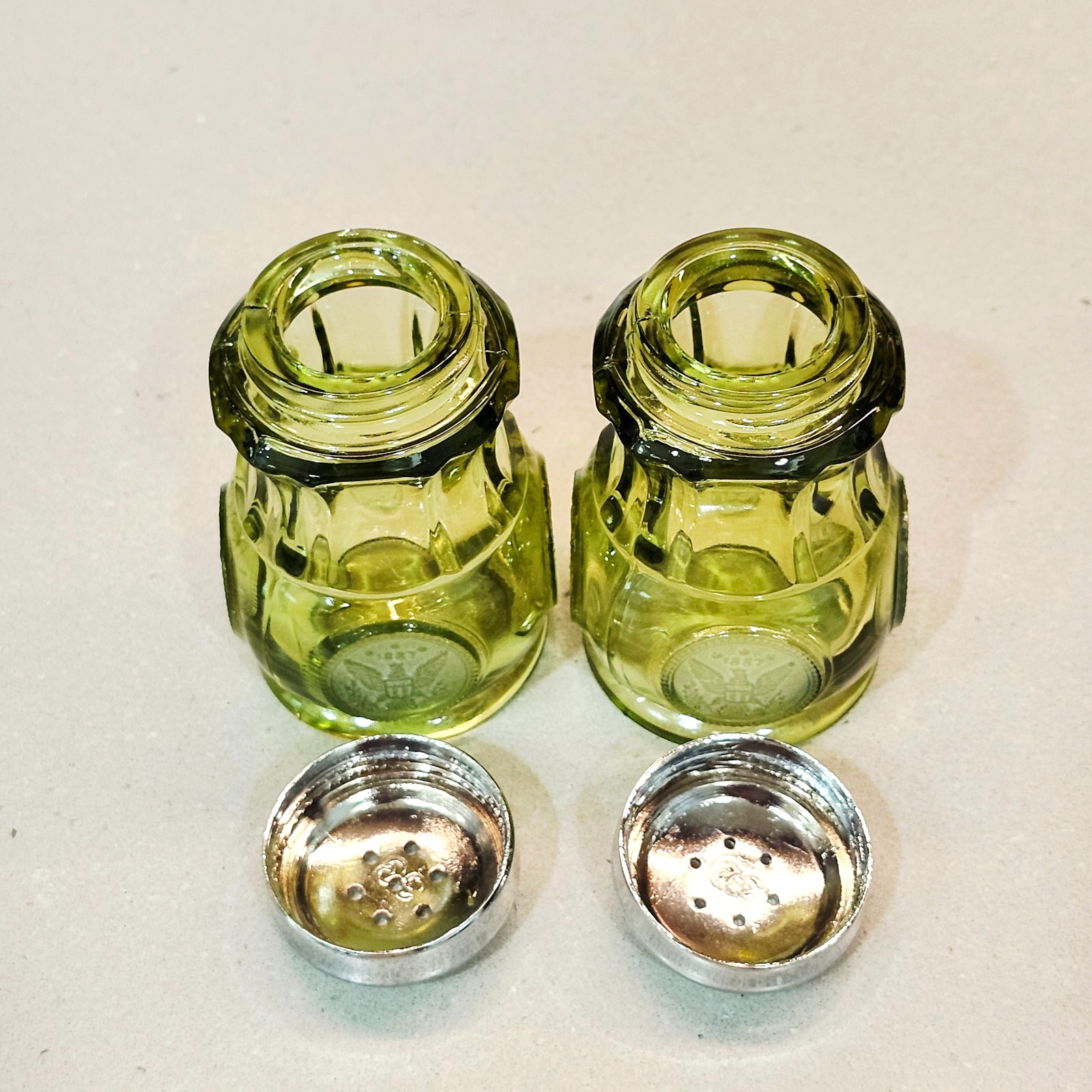 Vintage Fostoria Olive Green Glass Coin 3” Tall Salt & Pepper Shakers