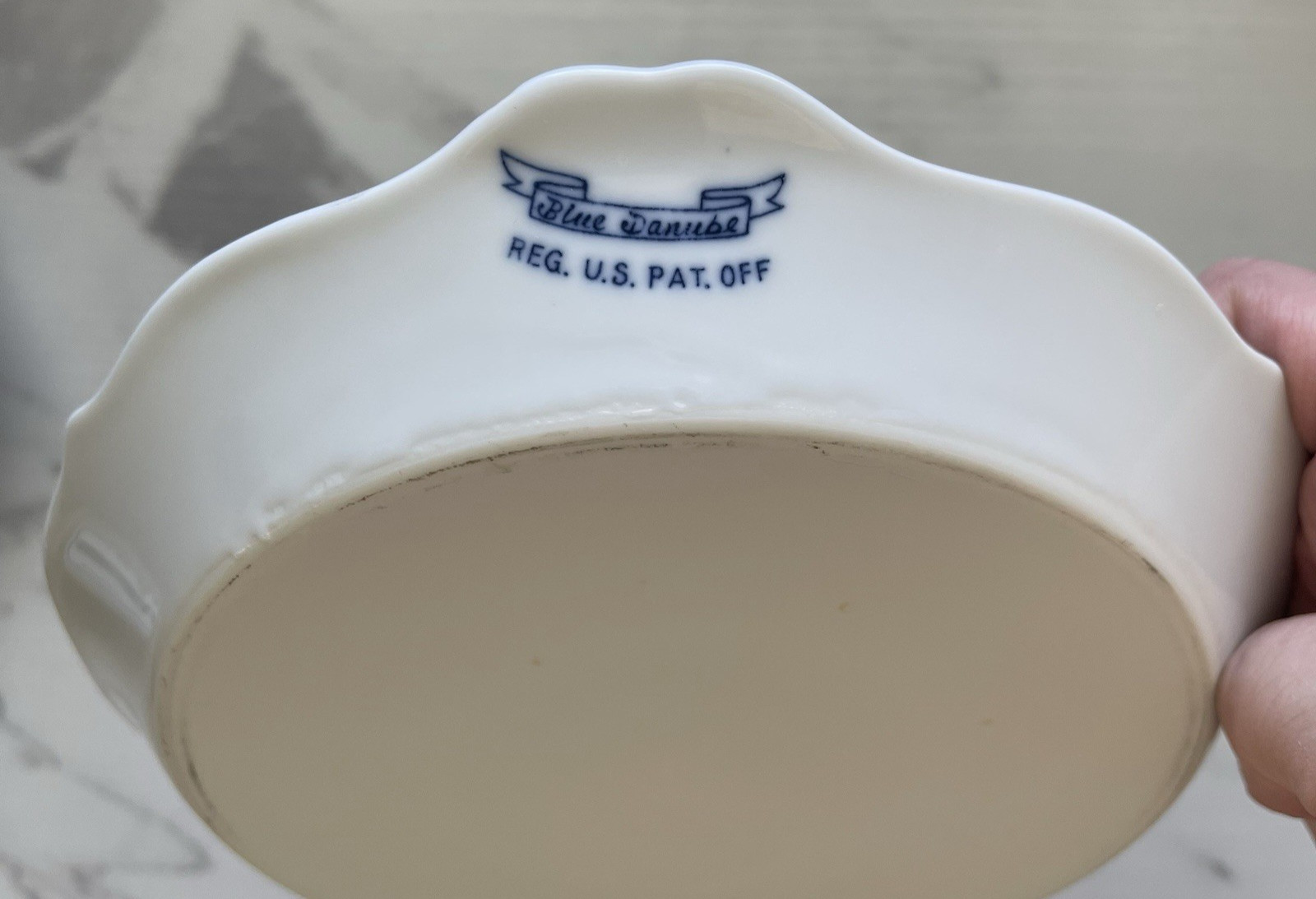 2 Blue Danube Individual Au Gratin Dish 7 1/2″ Across Handles Banner Ribbon Mark