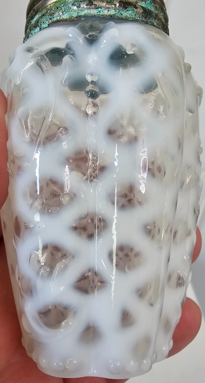EAPG Victorian Glass Salt Pepper Shaker Opalescent White Ribbed Lattice