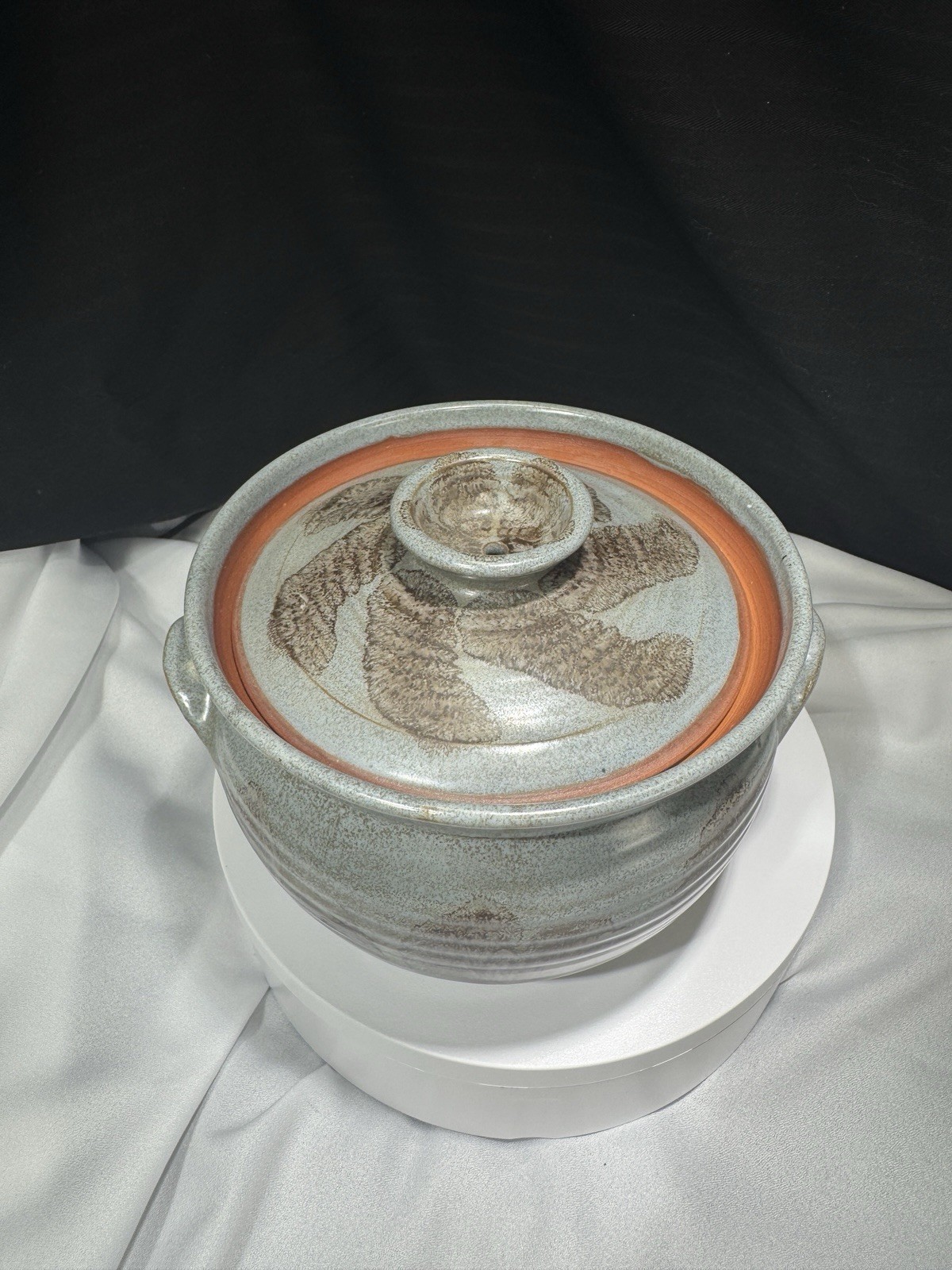 Folk Art Stoneware Stew Pot With Lid, Blue Glaze Pottery Gray Bowl Terracotta