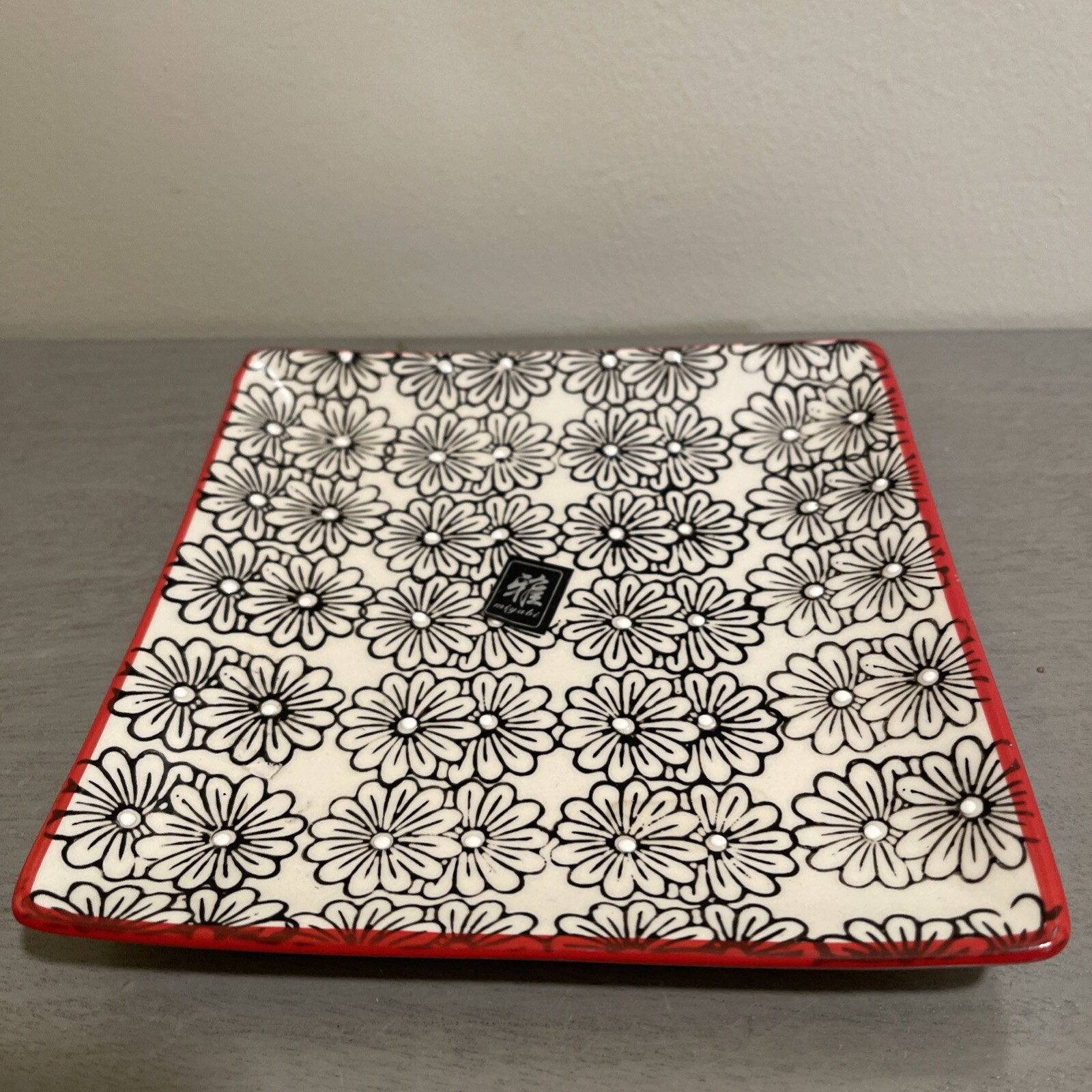 Yokohama Studio Miyabi Square Sushi Plate Hand Painted Red and Black Geometric