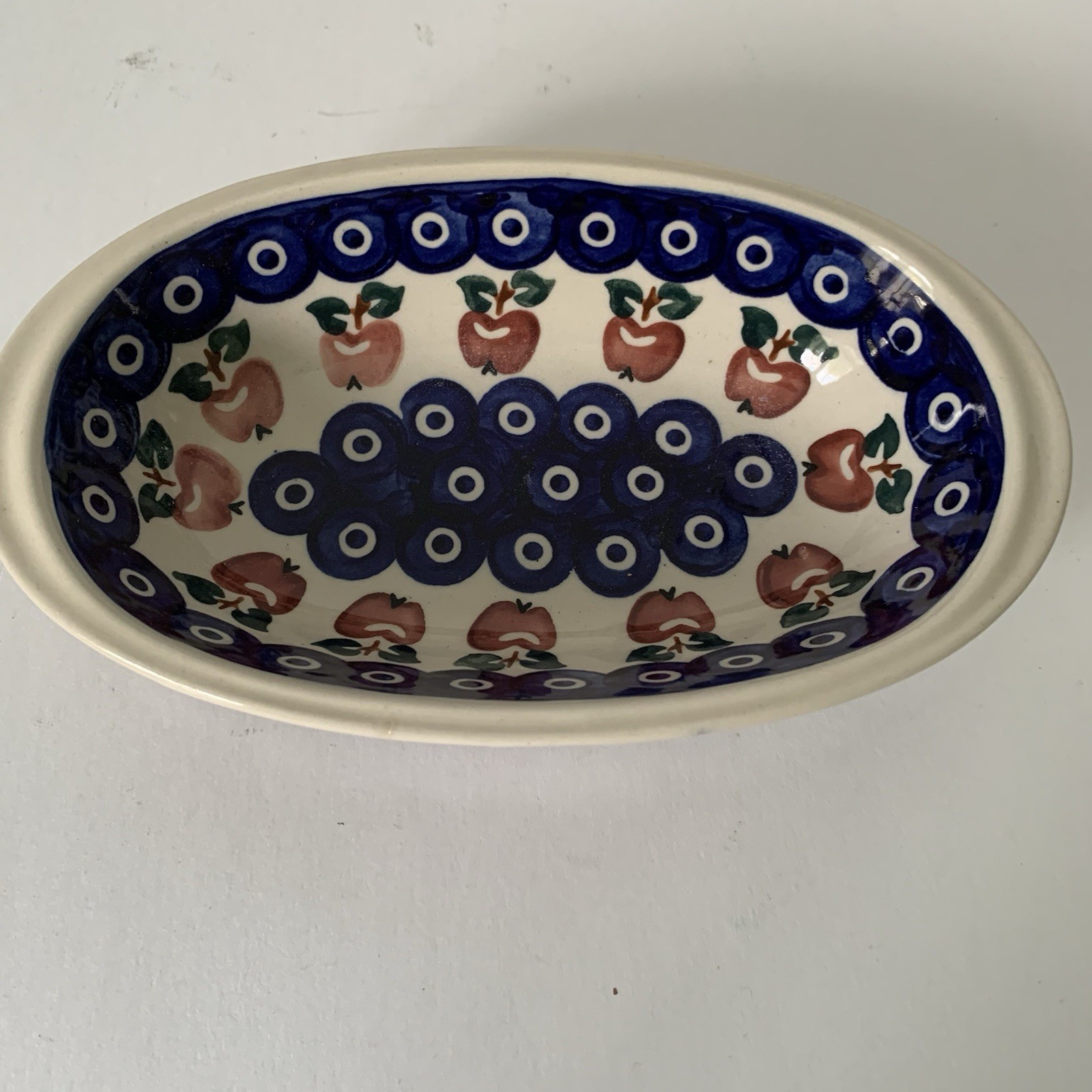 Boleslawiec Polish Pottery Handpainted Small Oval Dish Apples/Leaves Pattern