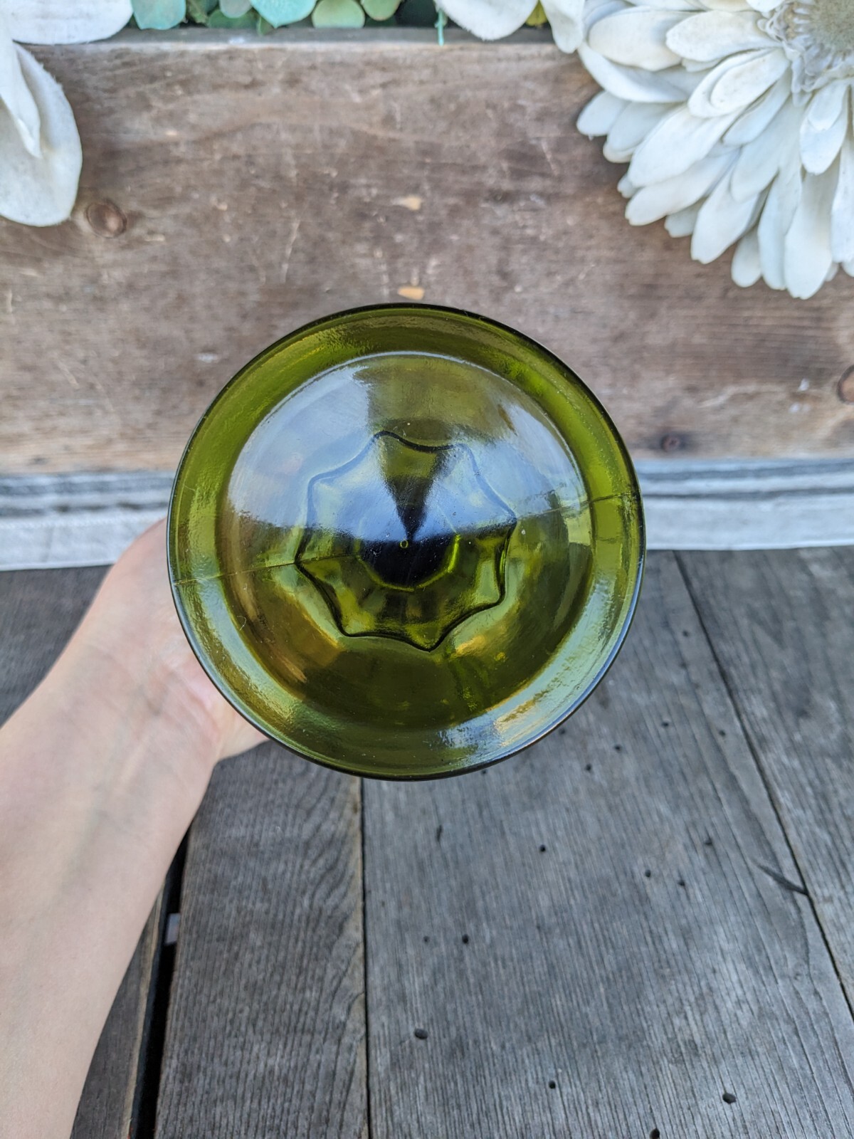 Vintage Indiana Glass Olive Green Teardrop 7.25″ Pedestal Compote