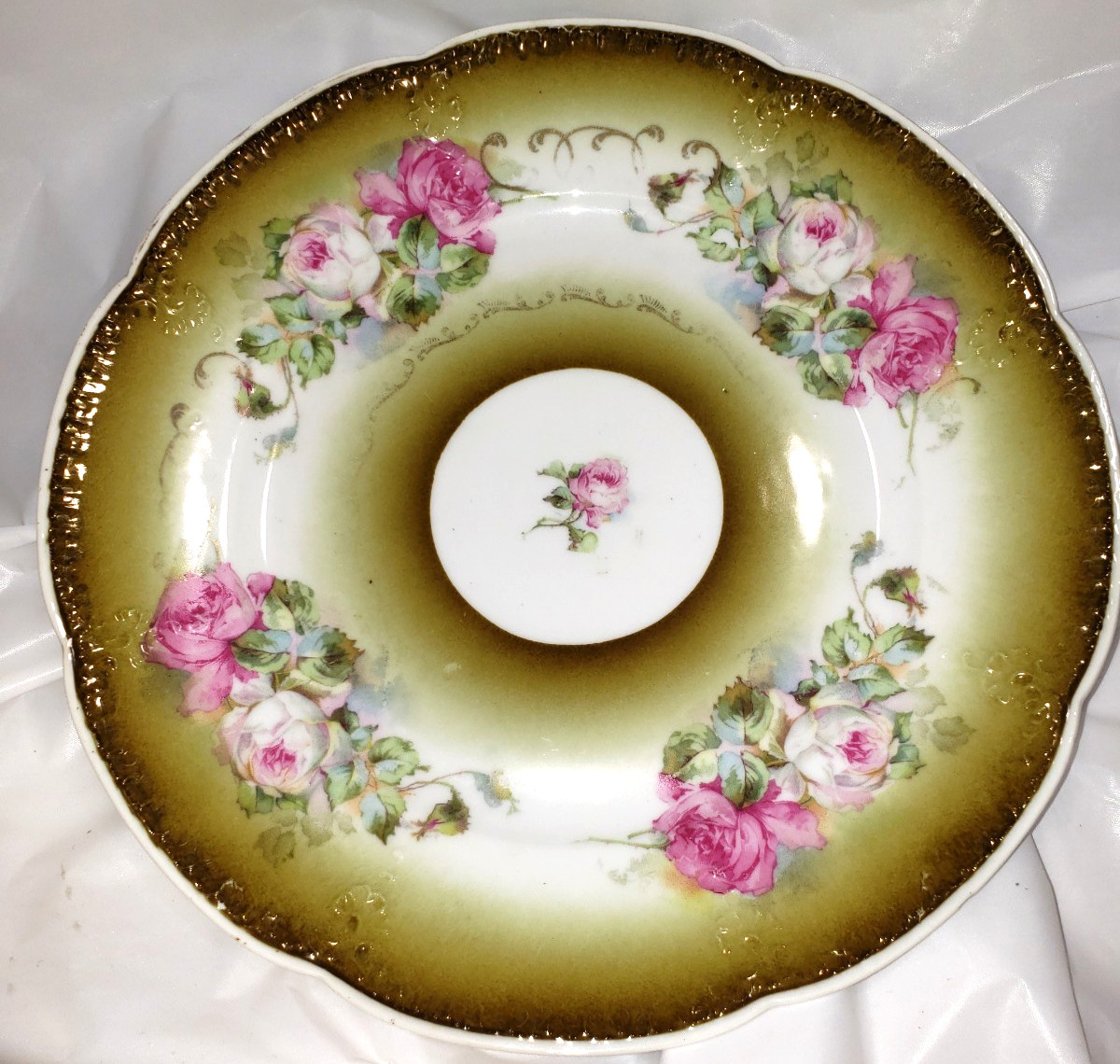 Vintage Porcelain Germany Plate Pink Roses & Gold Accent 9 1/2″