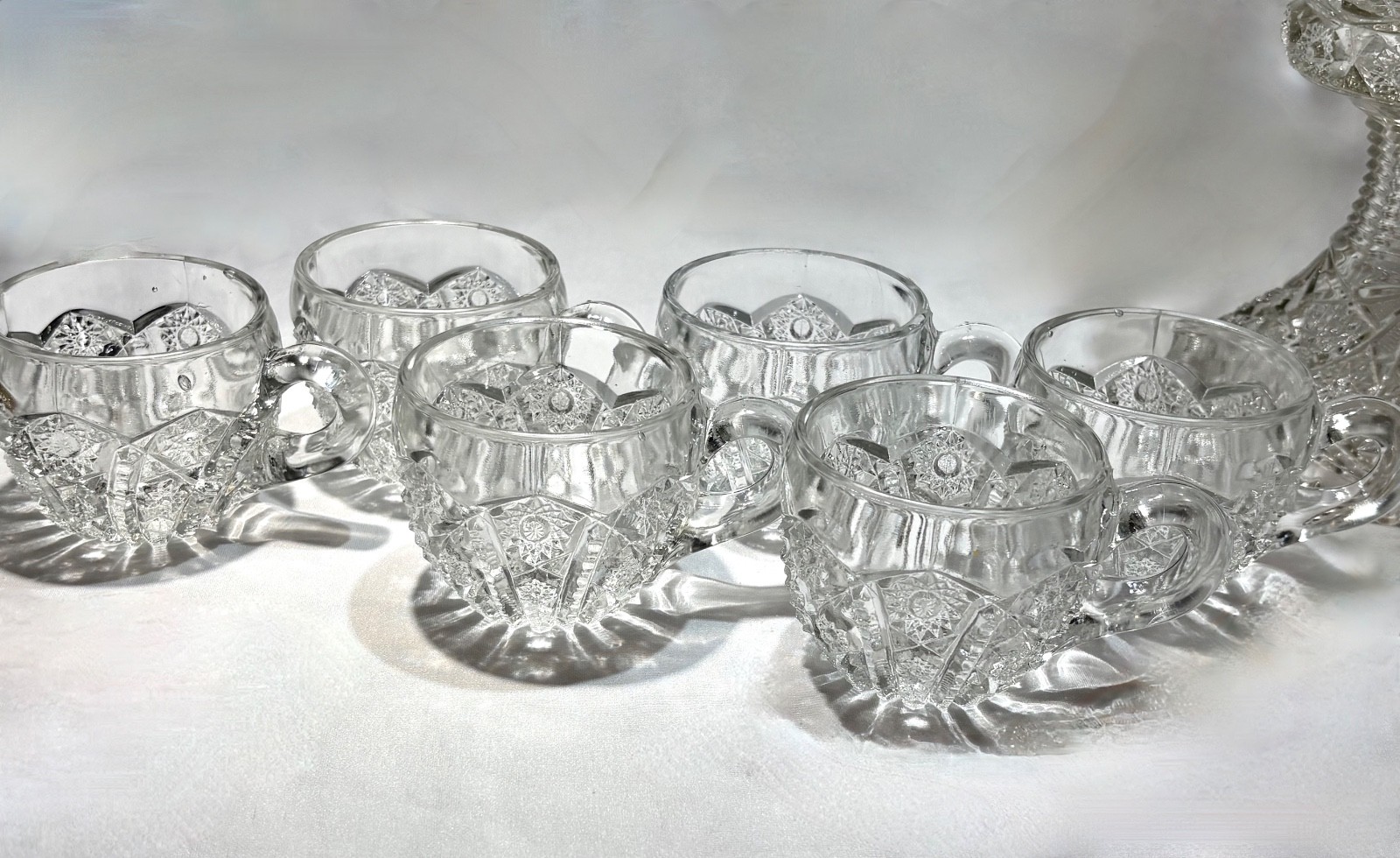 Antique Indiana Glass Paneled Daisy and Fine cut Clear Punch Bowl Base & 6 Cups