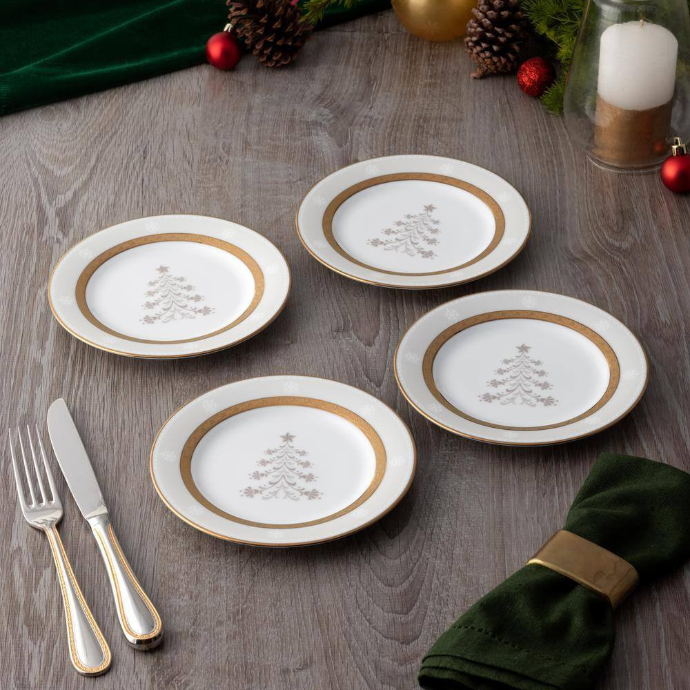 Charlotta Gold 6.25 In. (Gold) Porcelain Holiday Tree Appetizer Plates, (Set of