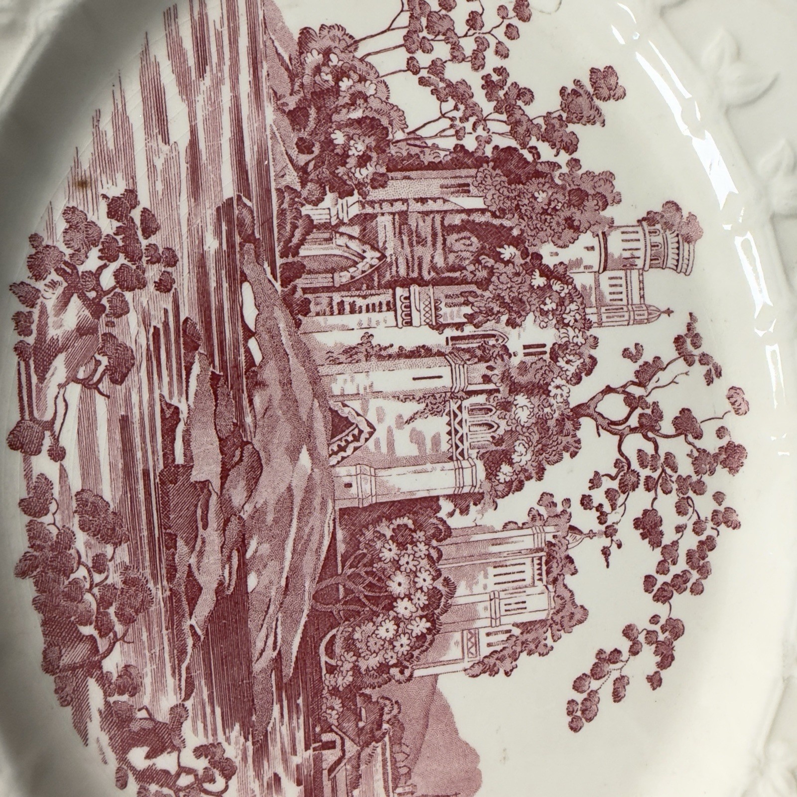 Vtg 1949 Taylor Smith Taylor Pink Transferware Platter Castle Embossed Rim Leaf
