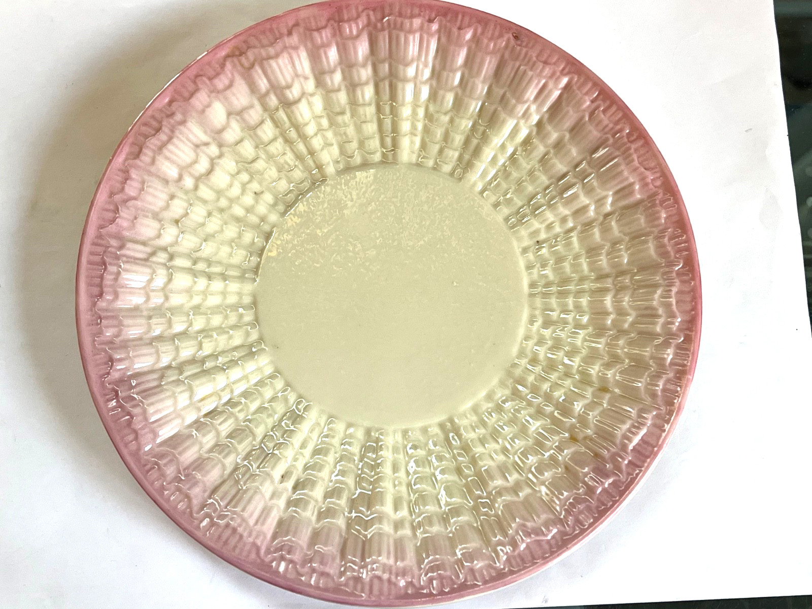 TRIO of IRISH BELLEEK Pink TRIDACNA Cup & Saucer & 7 1/2″ Plate – 1st Black Mark