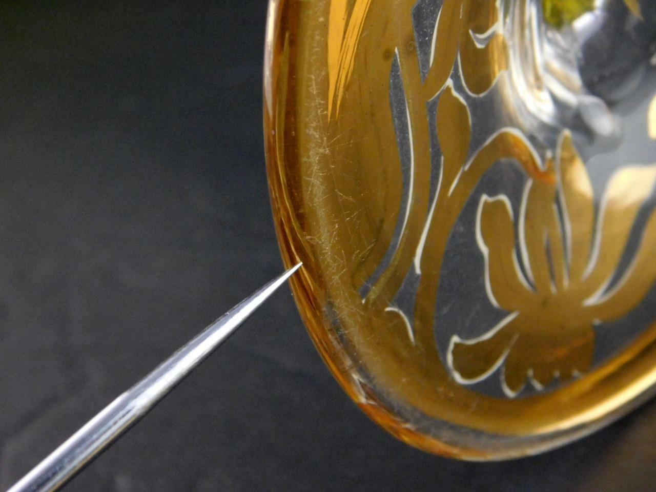 Art Glass Tall Stem Compote Dish Nouveau Floral Gold Green Clear X Mark