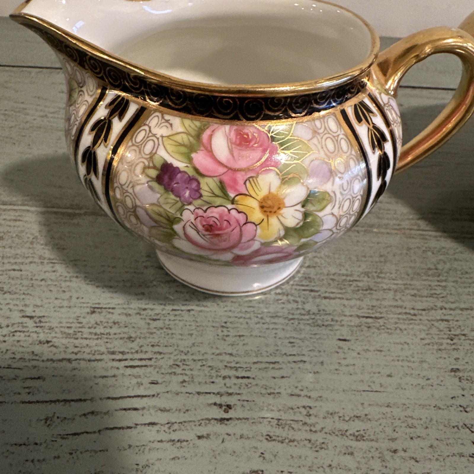 Antique Japan NIPPON Hand Painted Gold Creamer and Sugar Bowl W/ Lid