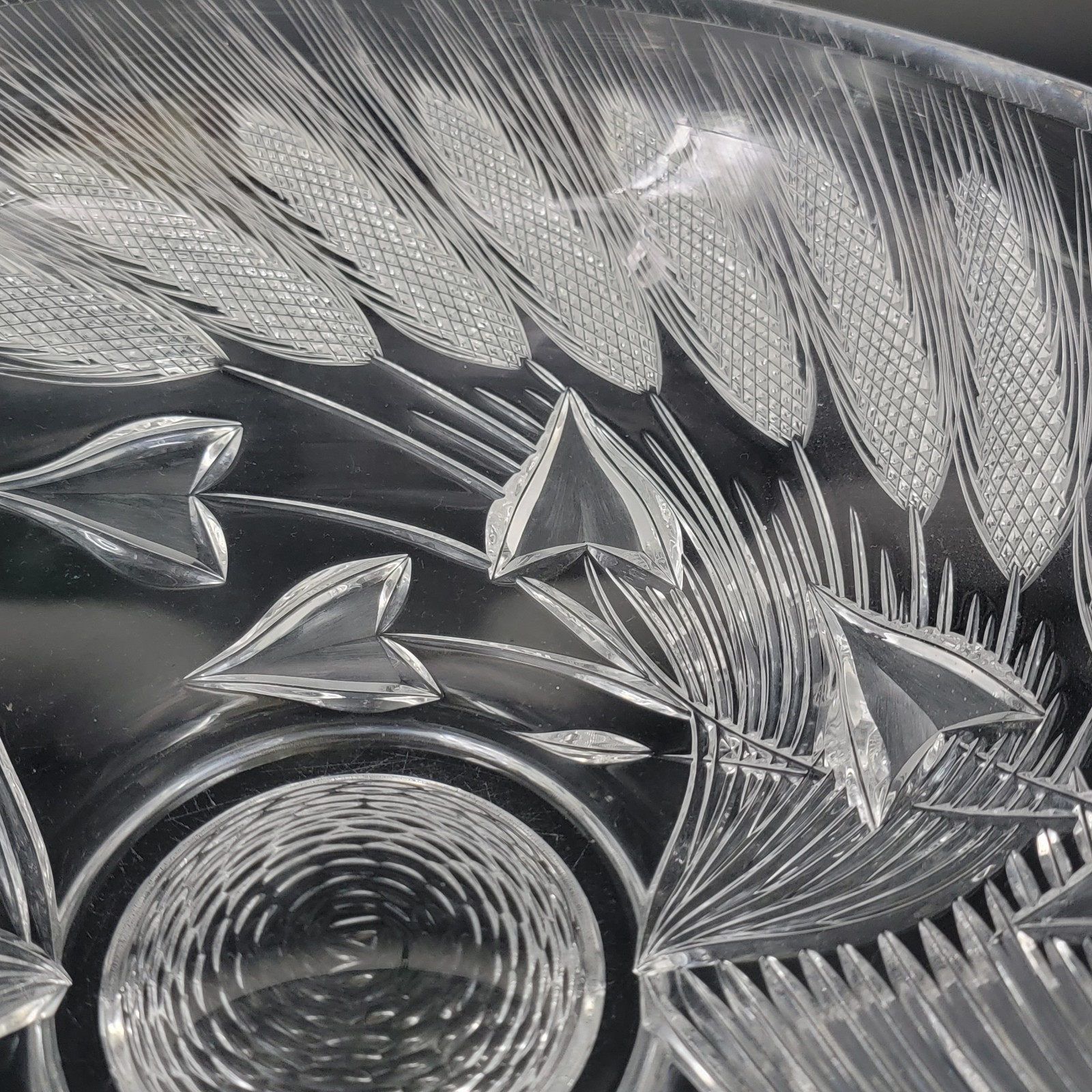 HTF Signed Josef Svarc 13.25″W Intaglio Cut Crystal Console Bowl Wheat Czech