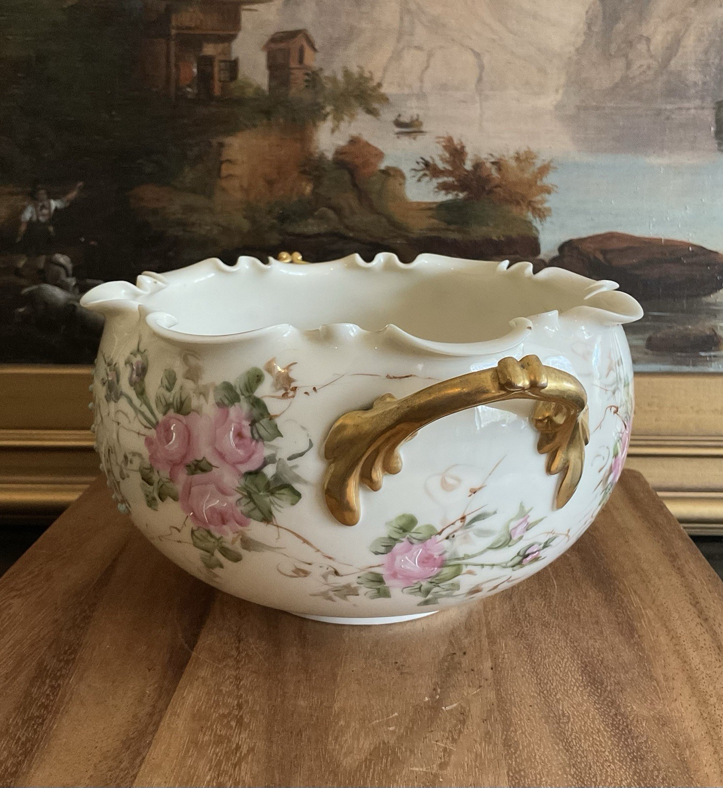 WILLETS BELLEEK Hand Painted Roses HANDLED BOWL Ruffle Rim Antique Late 19th CE