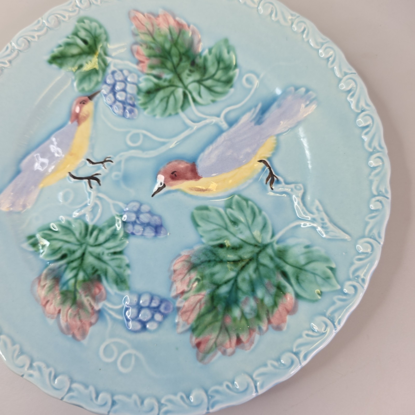 German Majolica Plate 7.75in Blue Raised Birds Grapevine 230 Vintage W Germany