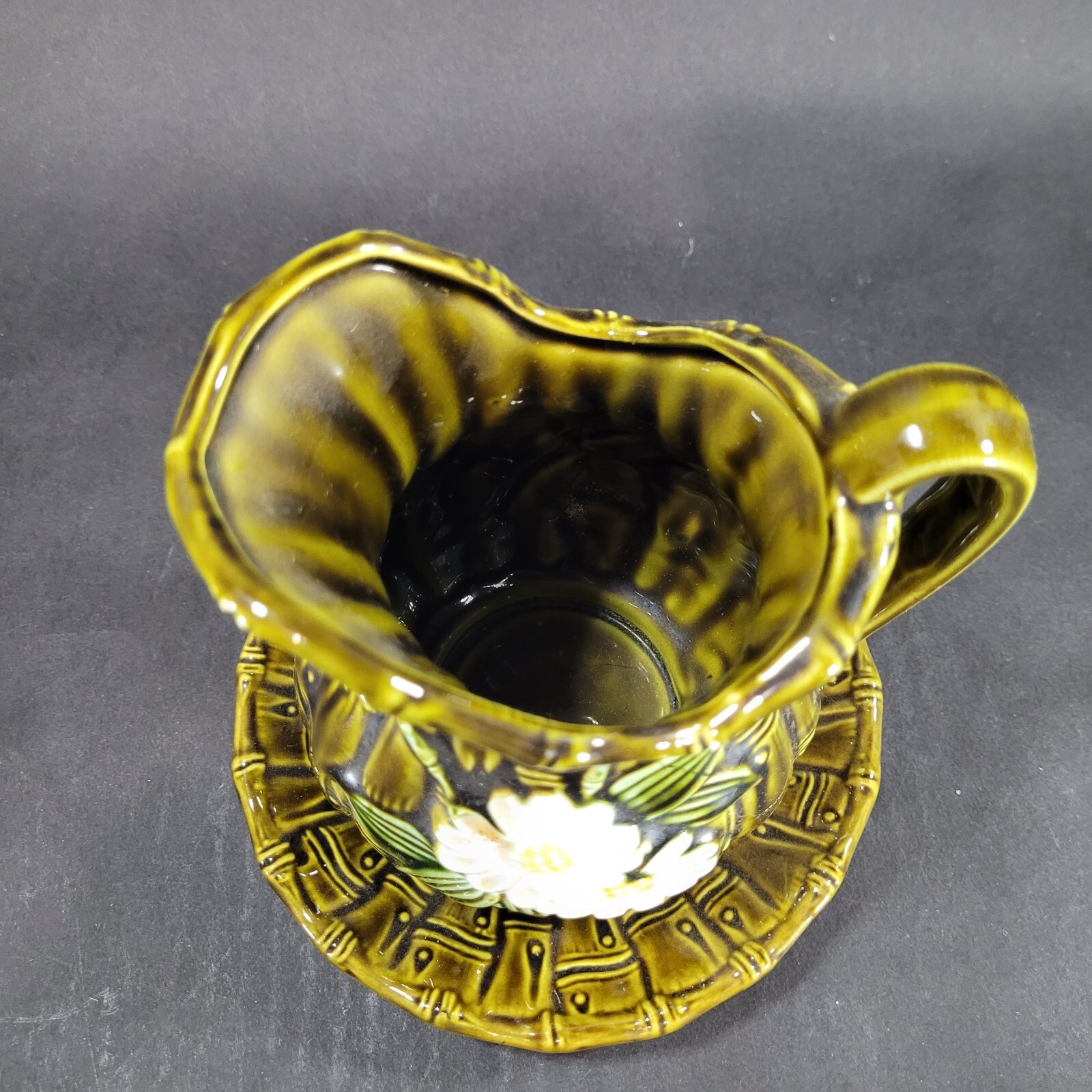 Vintage Japan Green Bamboo and White Daisy Pitcher Creamer and Under Plate
