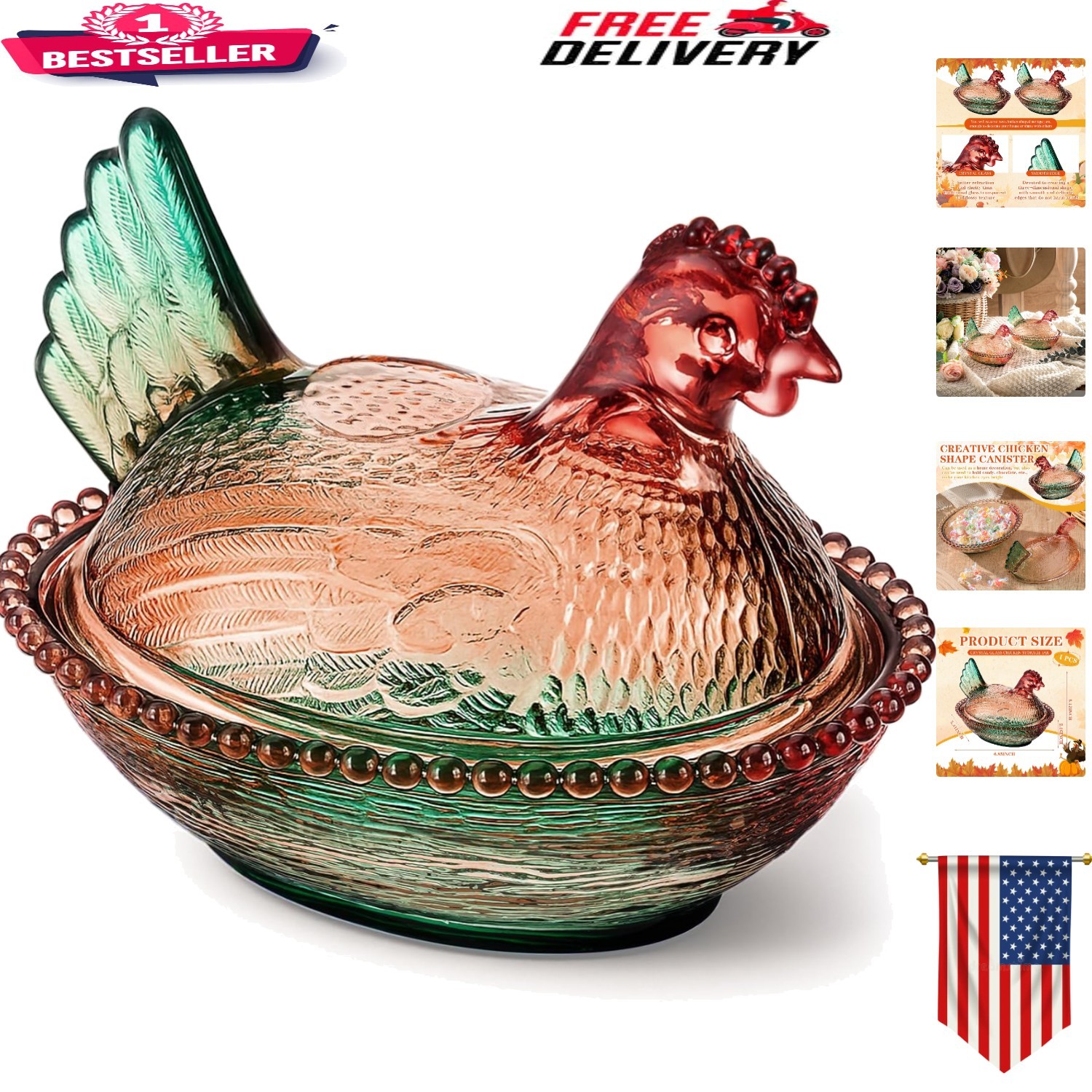 Vintage Style Glass Hen on Nest Candy Dish with Lid Crystal Pedestal Bowl Decor
