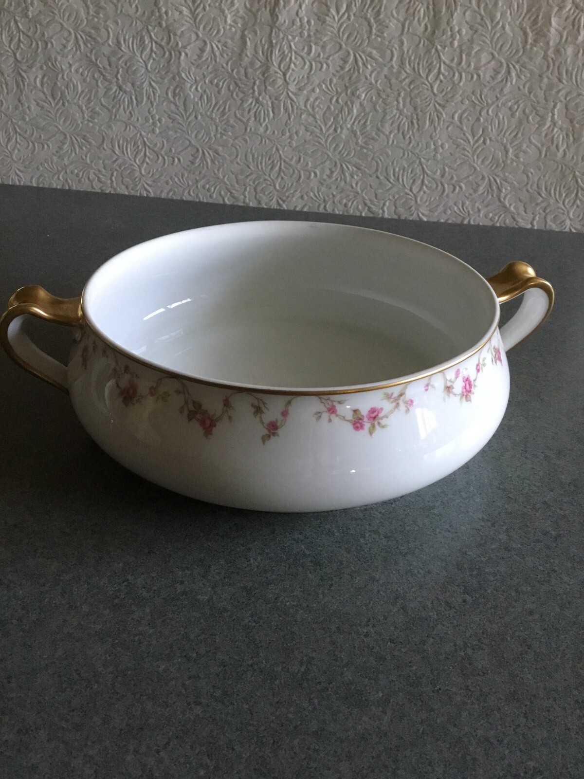 Haviland Limoges France Handled Casserole Dish Pink Rose Garland & Gold Trim