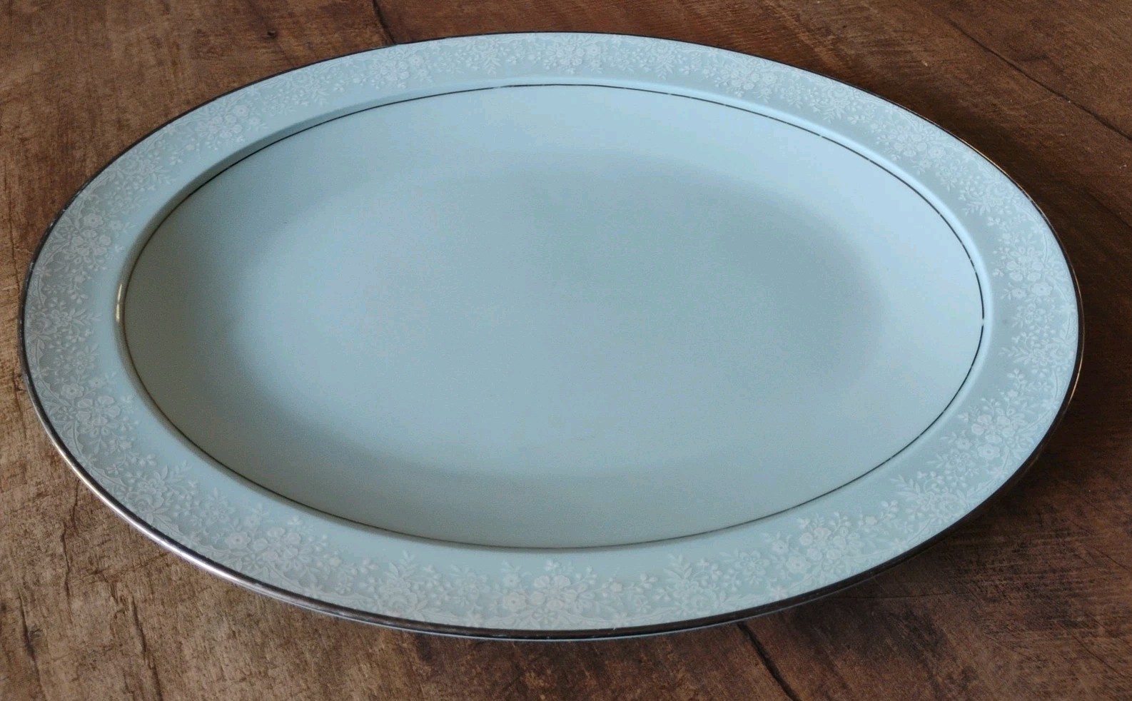 Noritake Fidelity Serving Platter Blue White Flowers Platinum Trim 13.75″