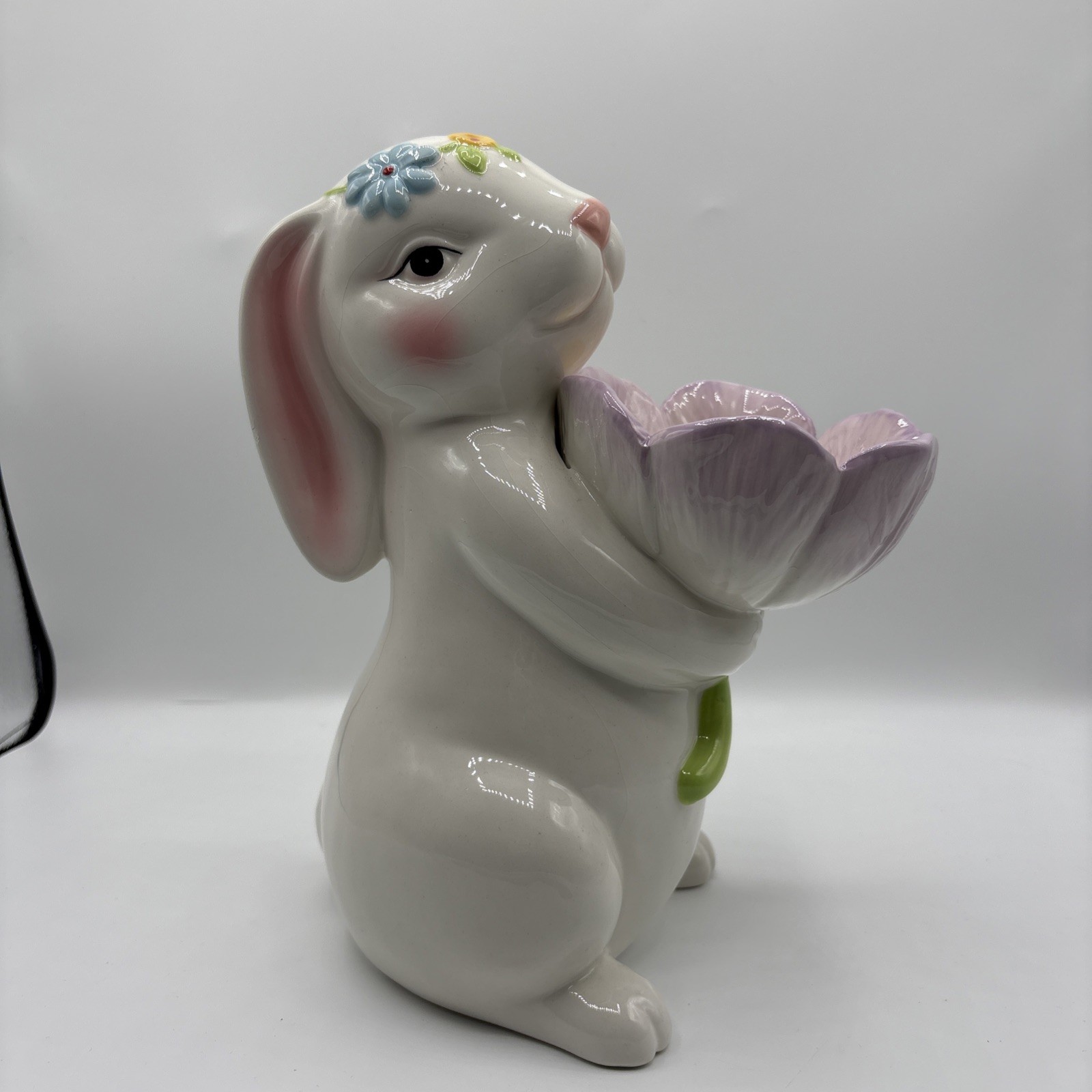 Fine Ceramic Bunny Rabbit Holding Pink Tulip Flowers Candy Candle