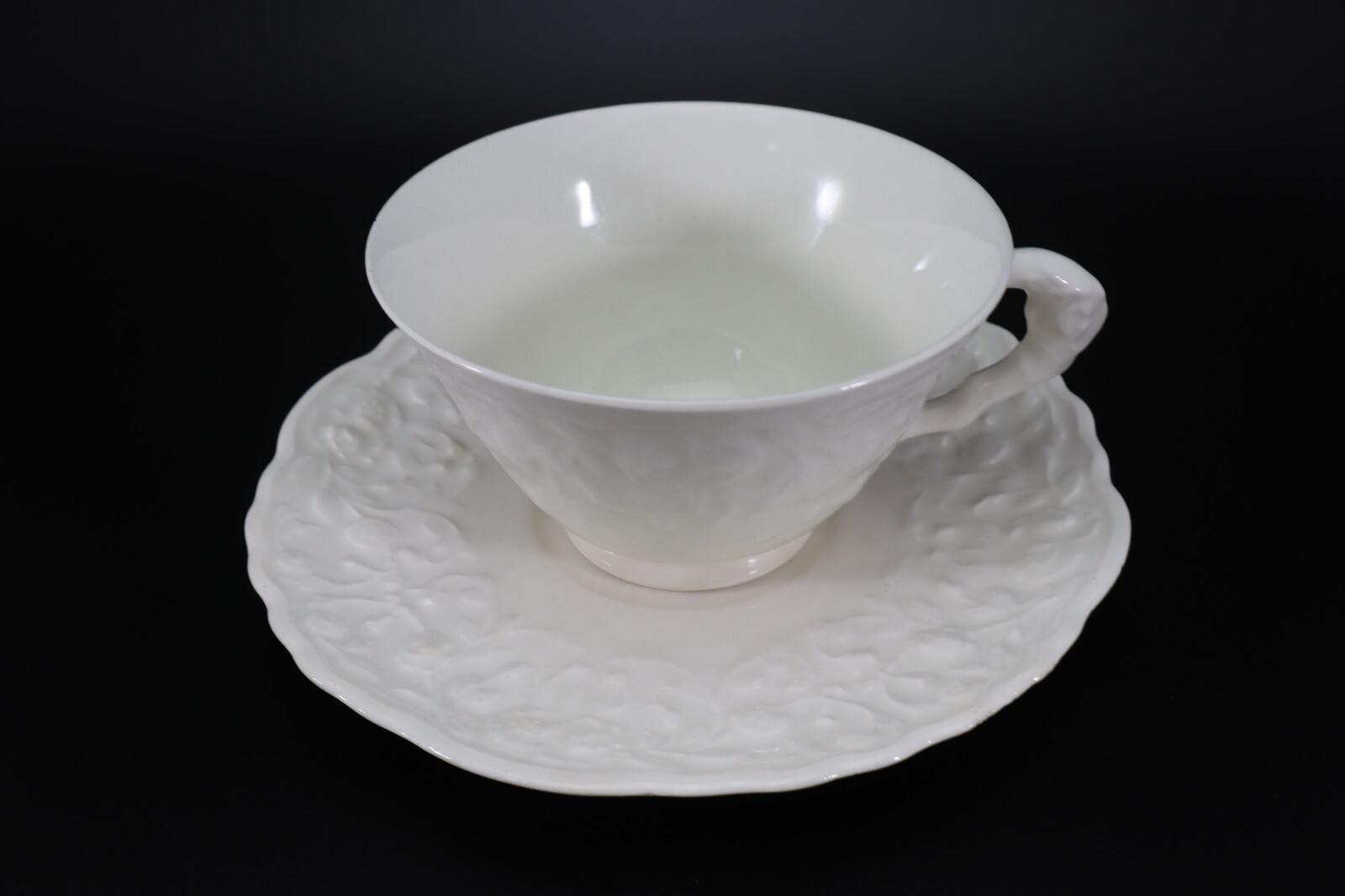 Pope Gosser Rose Point CUP & SAUCER Set of 2 White w Raised Roses Vintage USA c