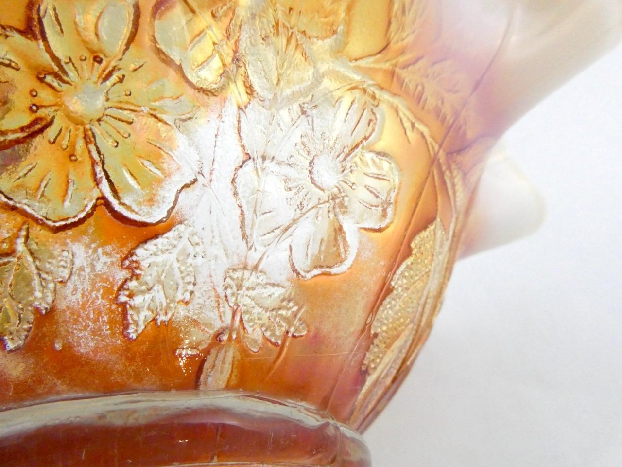 Vintage Dugan Dogwood Sprays Marigold Opalescent Carnival Glass Footed Bowl